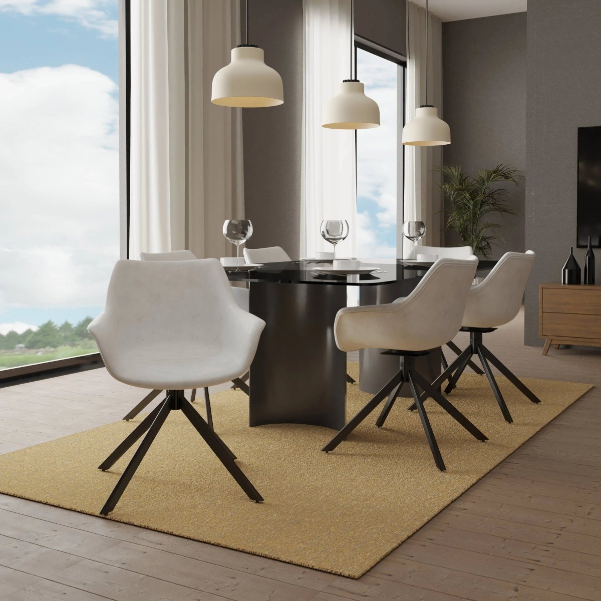 Leisuremod Dining Chair Markley Leather Swivel Dining Armchair with Black Iron Base Set of 2