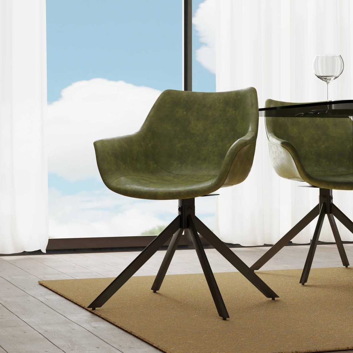 Leisuremod Dining Chair Markley Leather Swivel Dining Armchair with Black Iron Base Set of 2