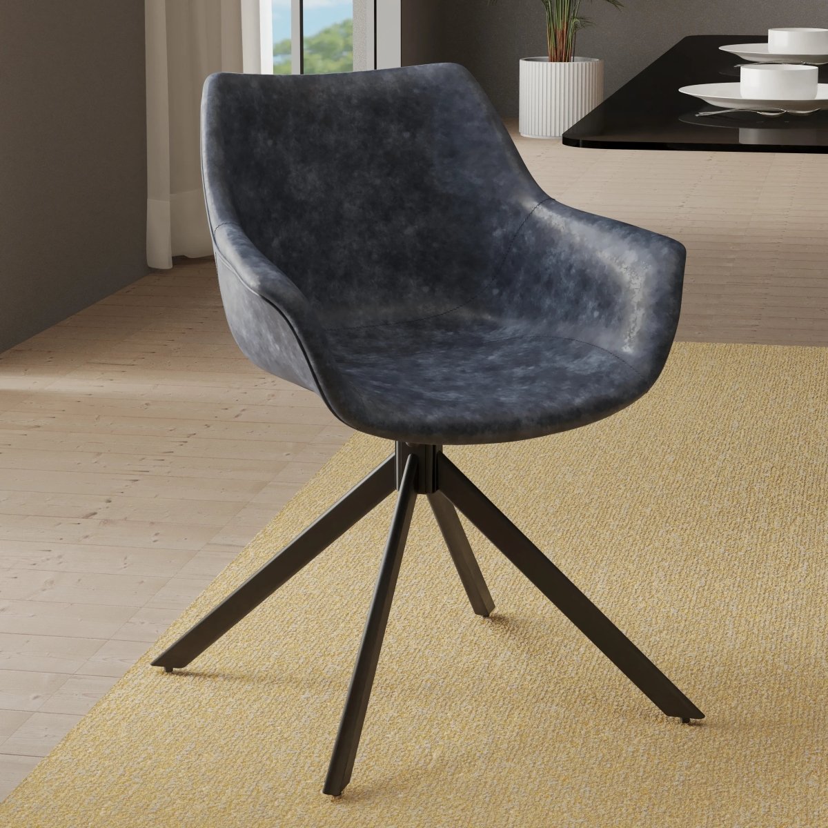 Leisuremod Dining Chair Markley Leather Swivel Dining Armchair with Black Iron Base Set of 2