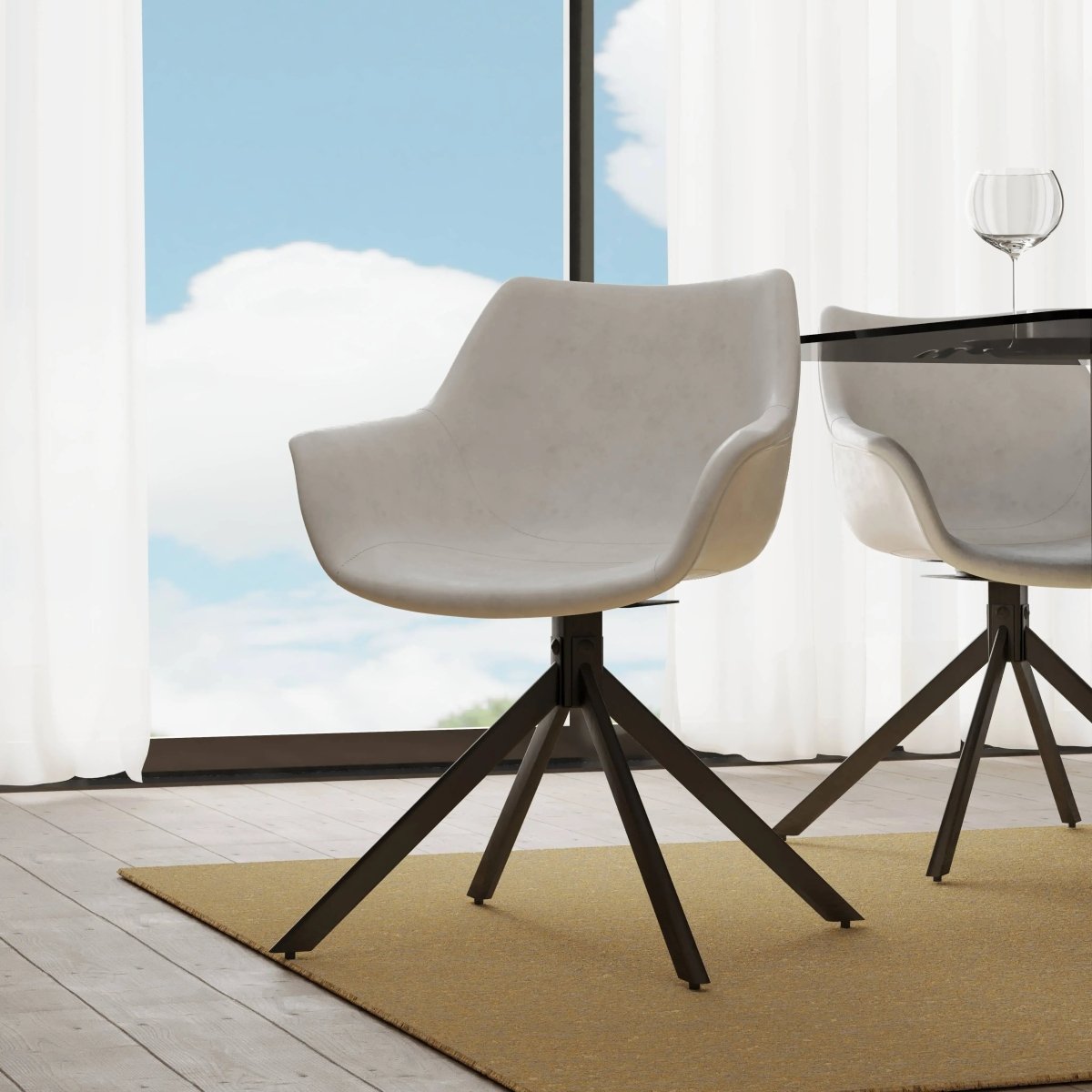 Leisuremod Dining Chair Markley Leather Swivel Dining Armchair with Black Iron Base Set of 4