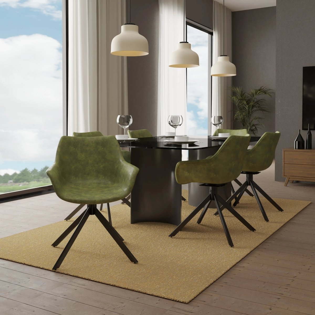 Leisuremod Dining Chair Markley Leather Swivel Dining Armchair with Black Iron Base Set of 4