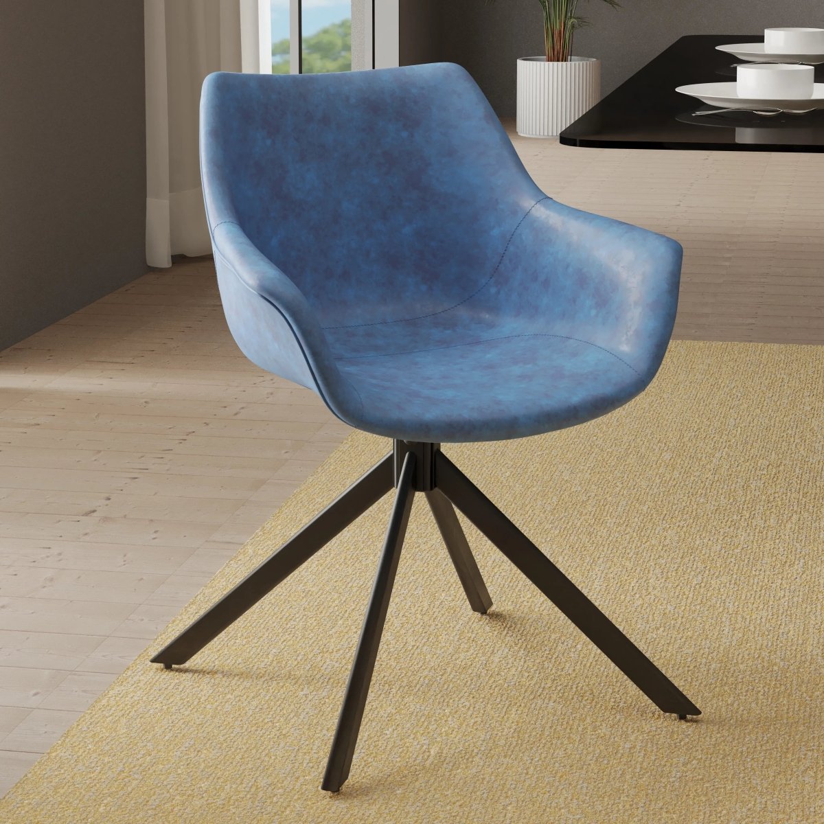 Leisuremod Dining Chair Markley Leather Swivel Dining Armchair with Black Iron Base Set of 4
