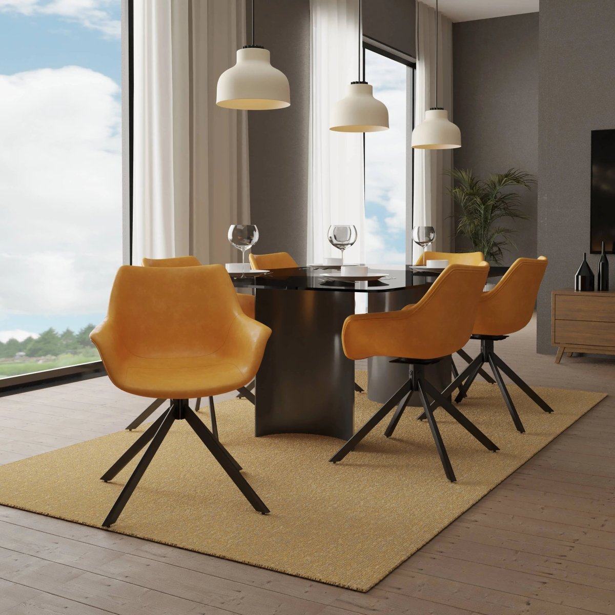 Leisuremod Dining Chair Markley Leather Swivel Dining Armchair with Black Iron Base Set of 4