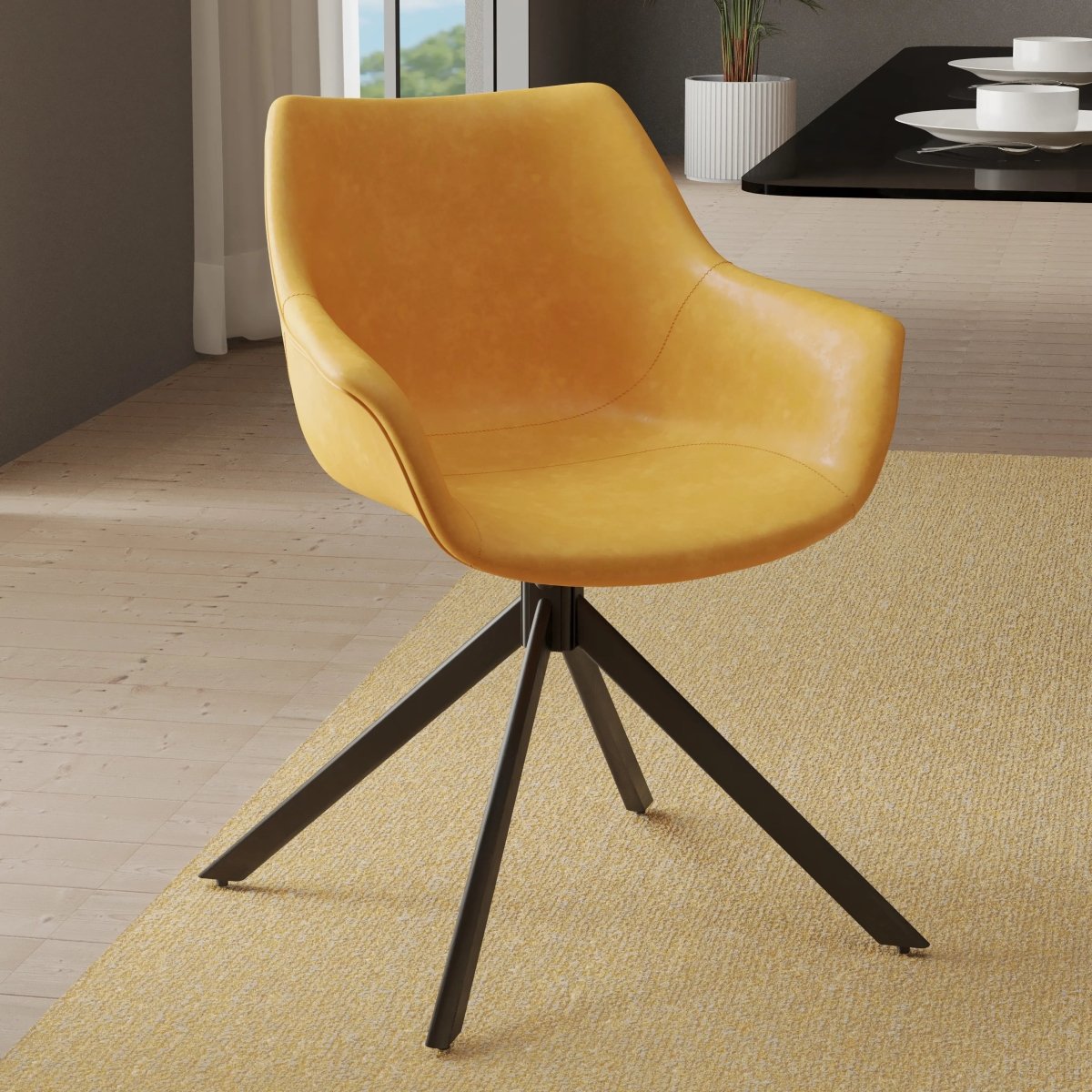 Leisuremod Dining Chair Markley Leather Swivel Dining Armchair with Black Iron Base Set of 4