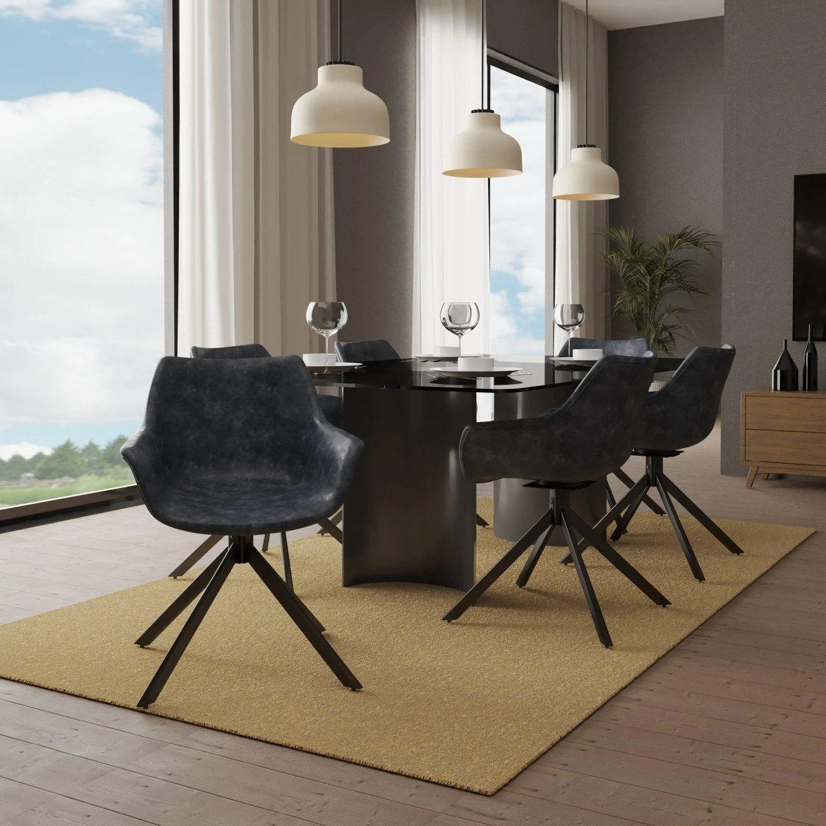 Leisuremod Dining Chair Markley Leather Swivel Dining Armchair with Black Iron Base Set of 4