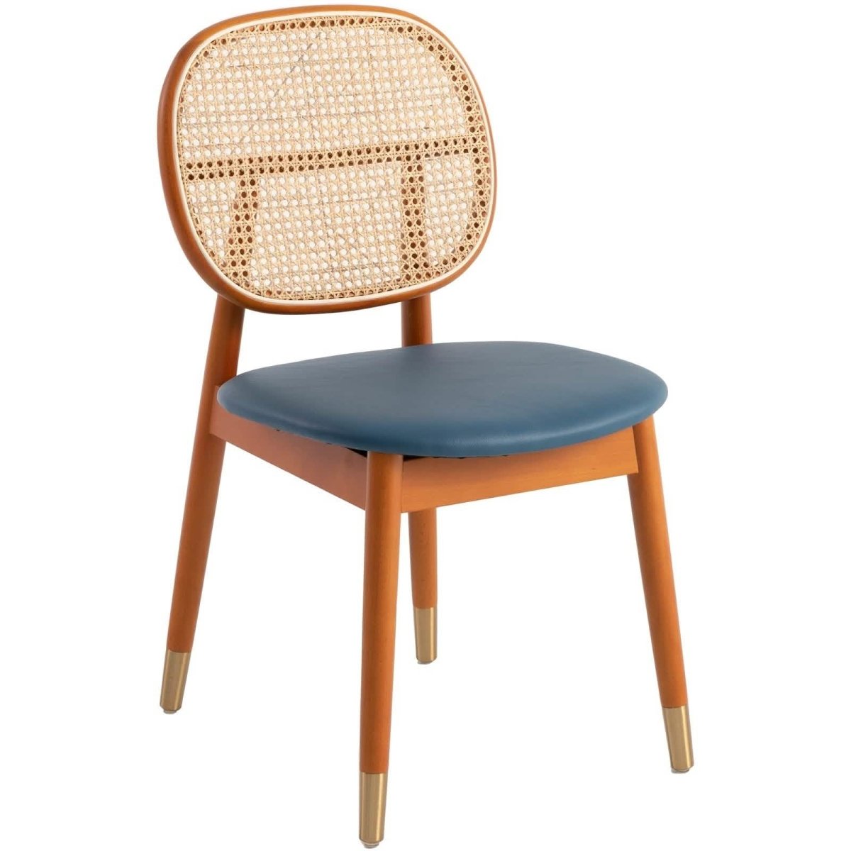 Leisuremod Dining Chair Navy Blue Holbeck Wicker Dining Chair with Upholstered Leather Seat and Beech Wood Legs