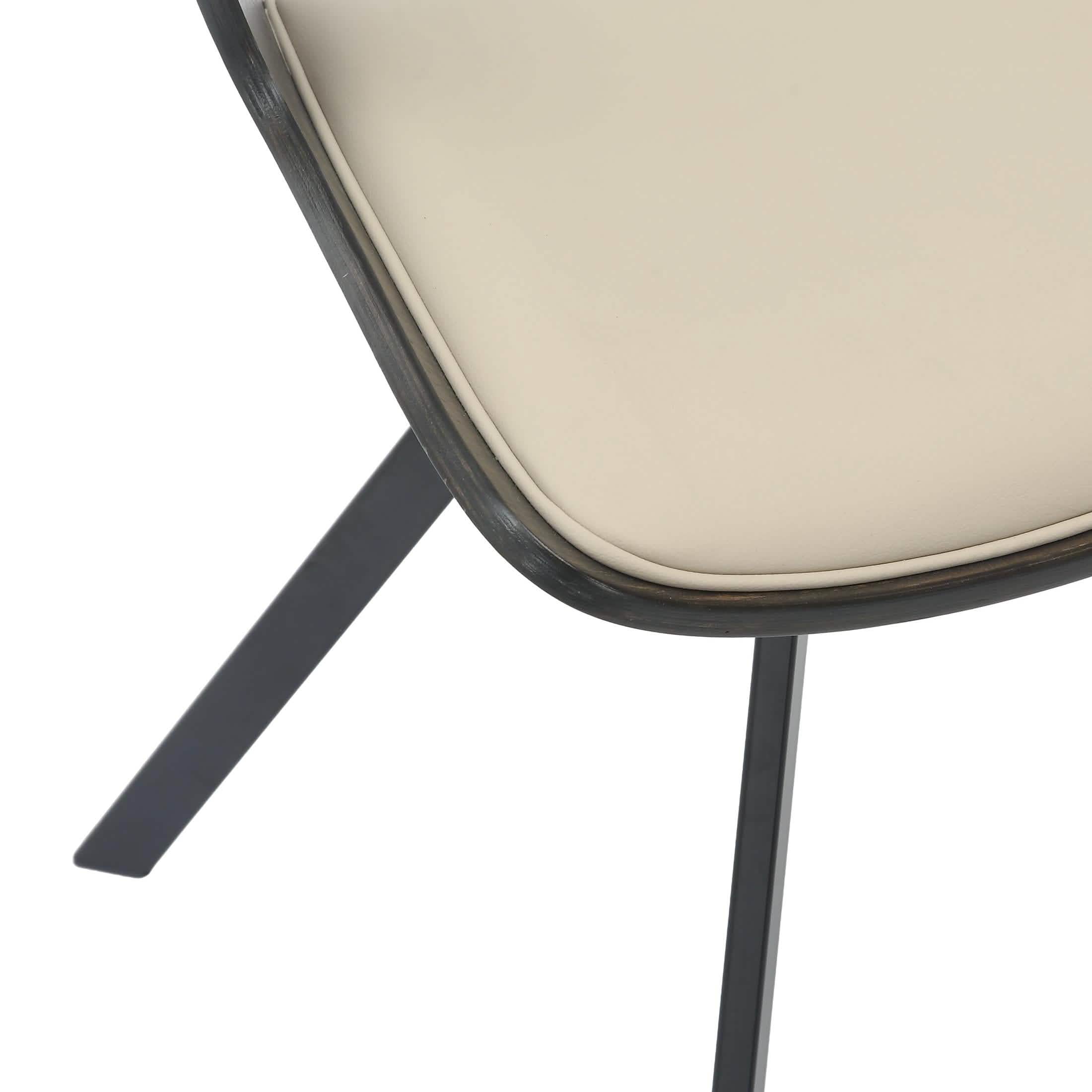 Nymia Upholstered Dining Chair With Saddle Seat Design and Iron Legs Dark Walnut Light Taupe Dining Chair Leisuremod