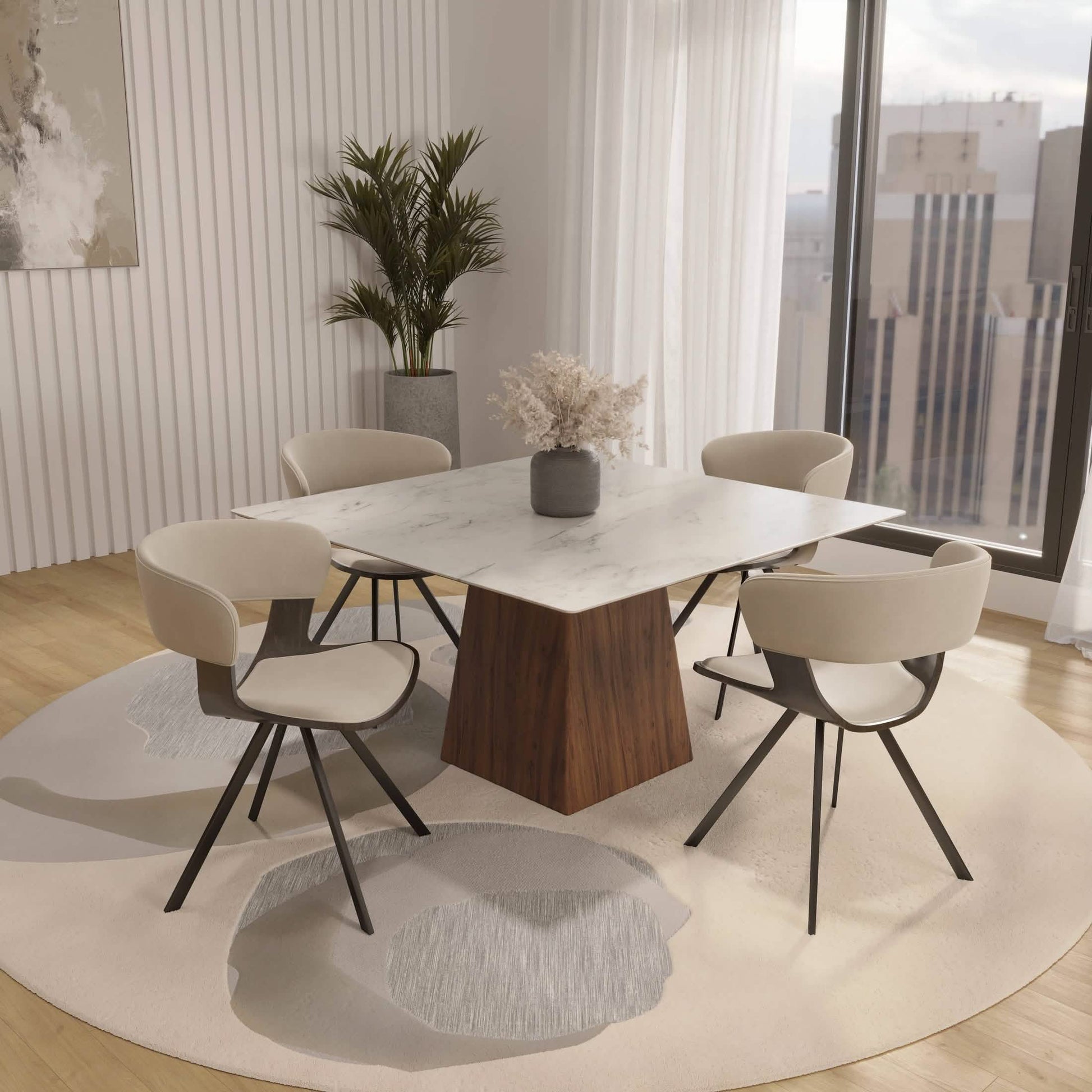 Nymia Upholstered Dining Chair With Saddle Seat Design and Iron Legs Dark Walnut Light Taupe Dining Chair Leisuremod