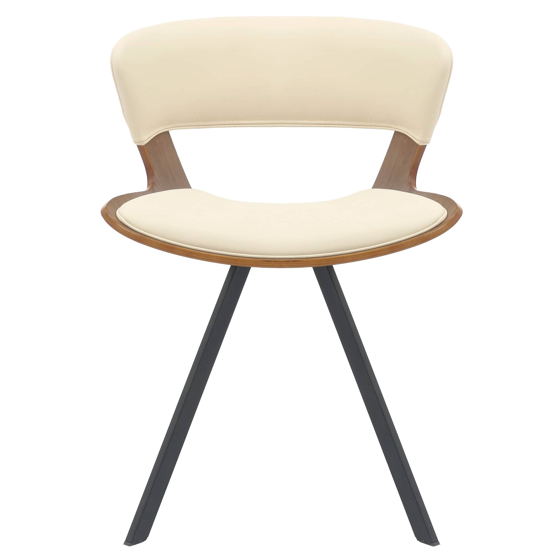 Nymia Upholstered Dining Chair With Saddle Seat Design and Iron Legs Walnut Beige Dining Chair Leisuremod