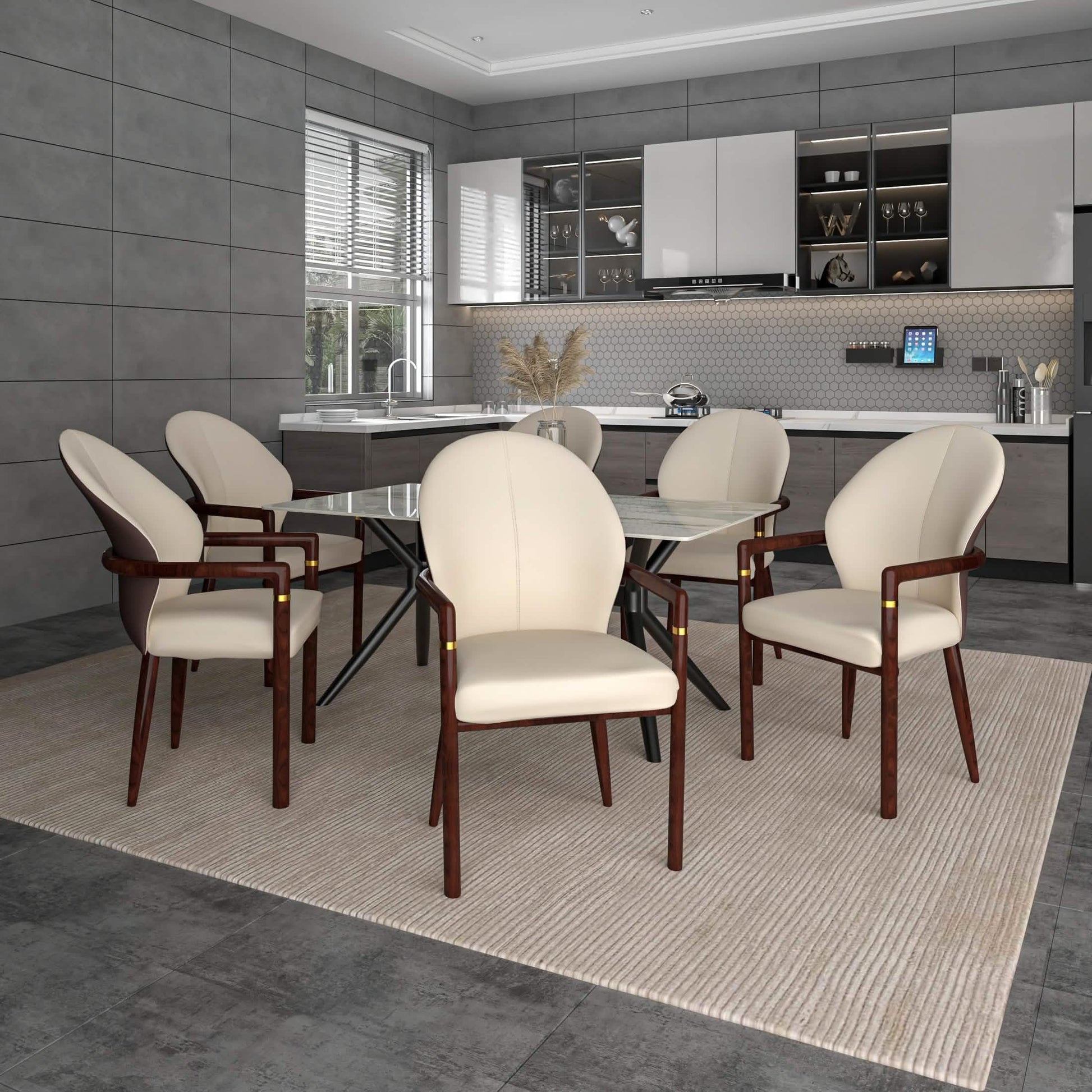 Opaline Dining Chair in Velvet or Leather Upholstery with Rubberwood Frame with Gold Accents Brown Cream Leather Dining Chair Leisuremod