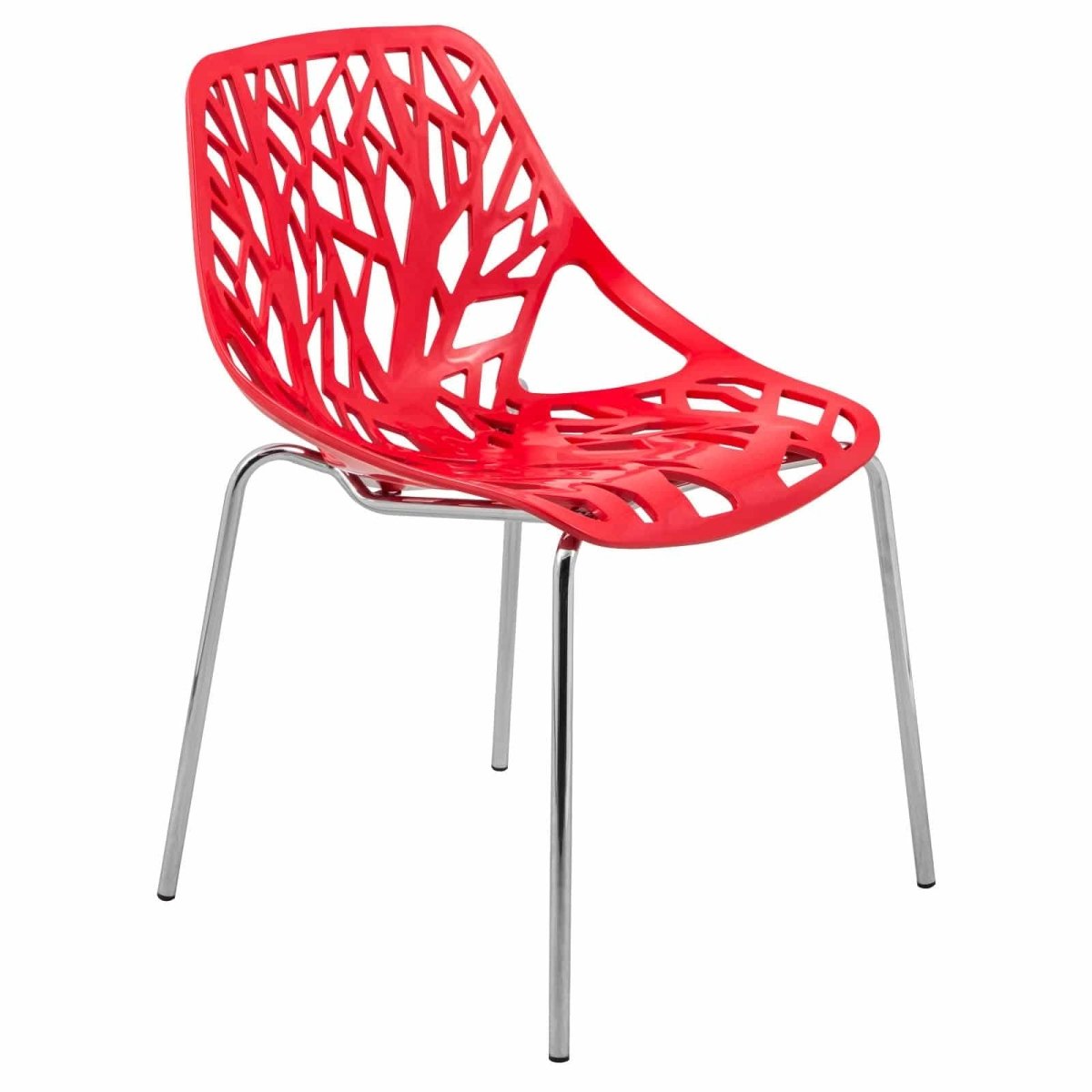 Leisuremod Dining Chair Red Asbury Polypropylene Dining Side Chair with Forest Cut-Out Design in Chrome