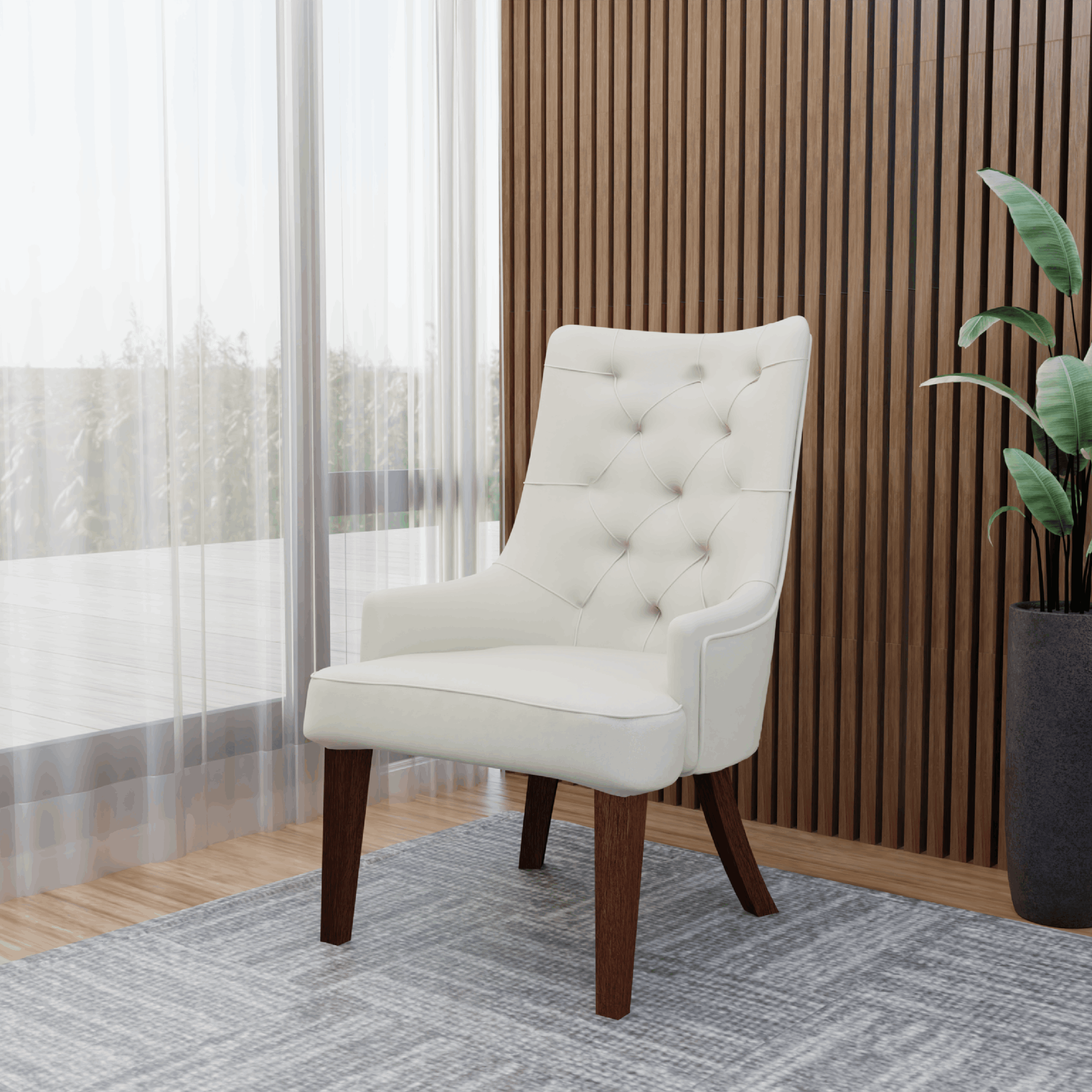 Spruce Dining Chair in Leather/Velvet with Diamond-Tufted Design and Rubberwood Legs Beige Velvet Dining Chair Leisuremod