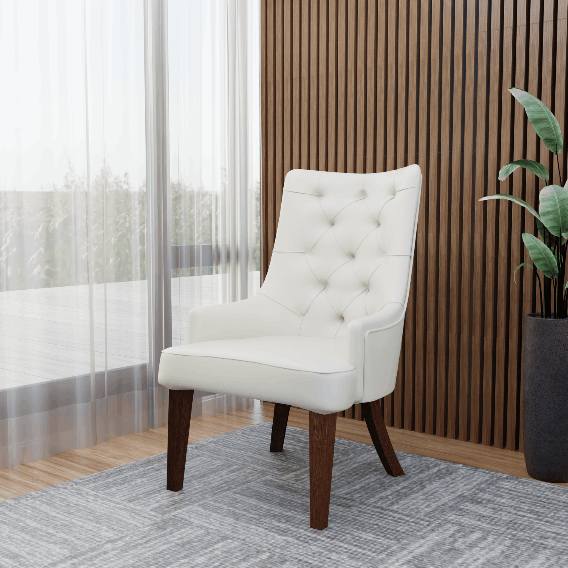 Spruce Dining Chair in Leather/Velvet with Diamond-Tufted Design and Rubberwood Legs White Dining Chair Leisuremod