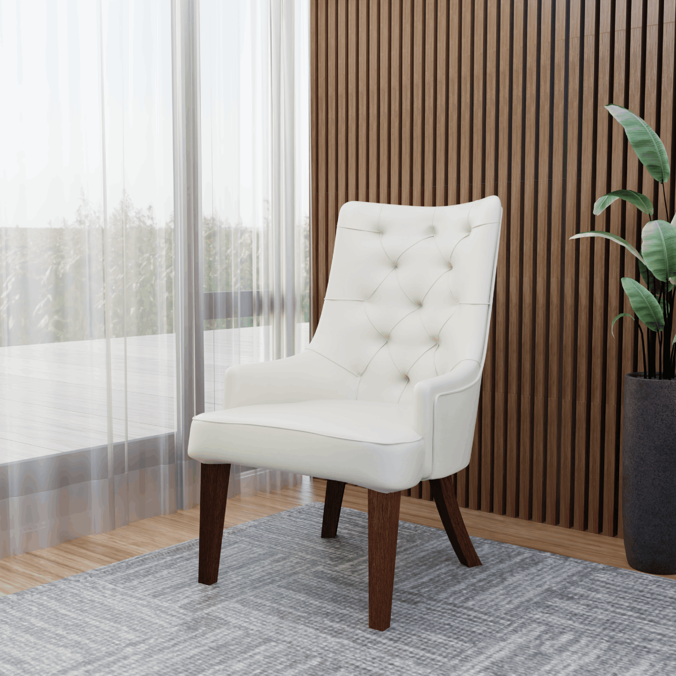 Spruce Dining Chair in Leather/Velvet with Diamond-Tufted Design and Rubberwood Legs White Dining Chair Leisuremod