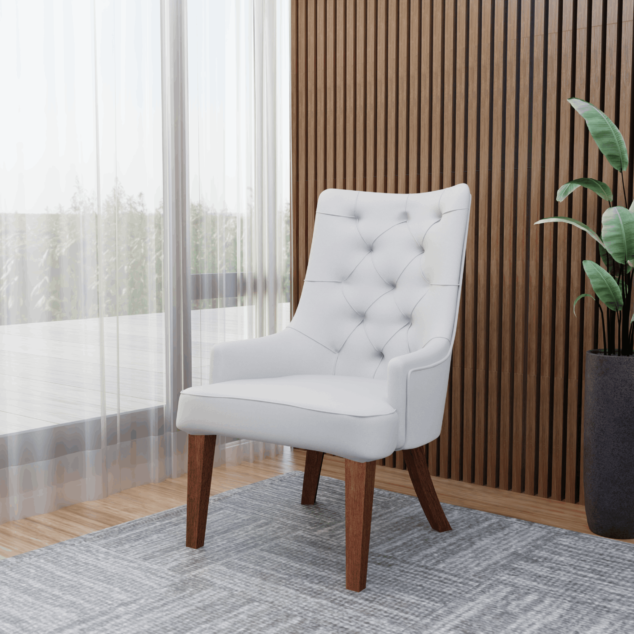Spruce Dining Chair in Leather/Velvet with Diamond-Tufted Design and Rubberwood Legs Light Grey Dining Chair Leisuremod