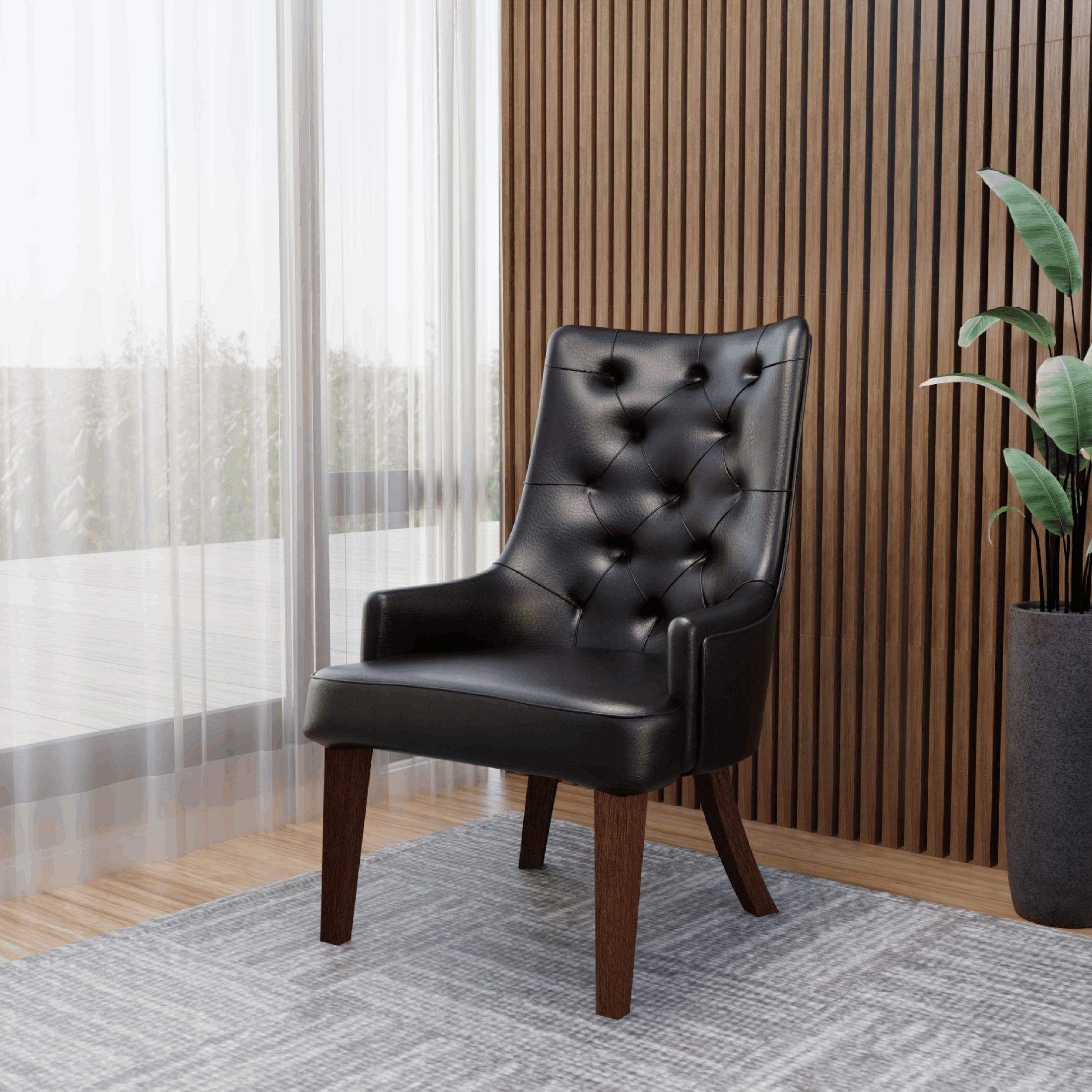Spruce Dining Chair in Leather/Velvet with Diamond-Tufted Design and Rubberwood Legs Charcoal Grey Dining Chair Leisuremod