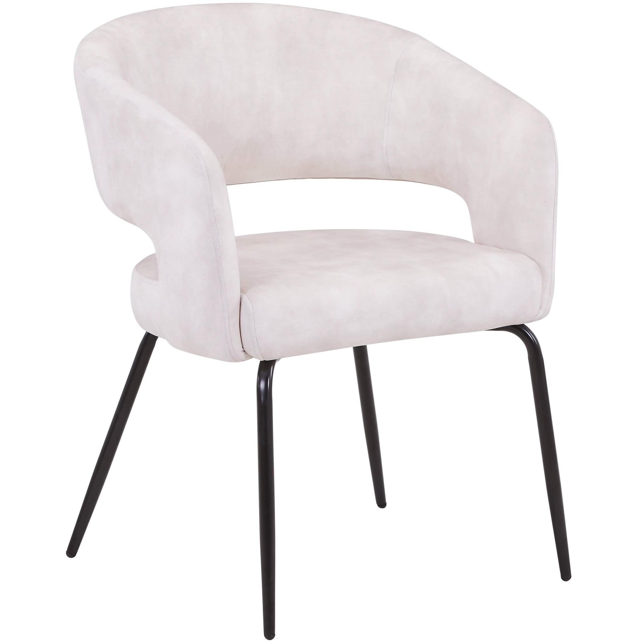 Gavin Dining Chair Upholstered in Leather/Velvet with Open Curved Backrest in Black Iron Velvet Beige Dining Chair Leisuremod