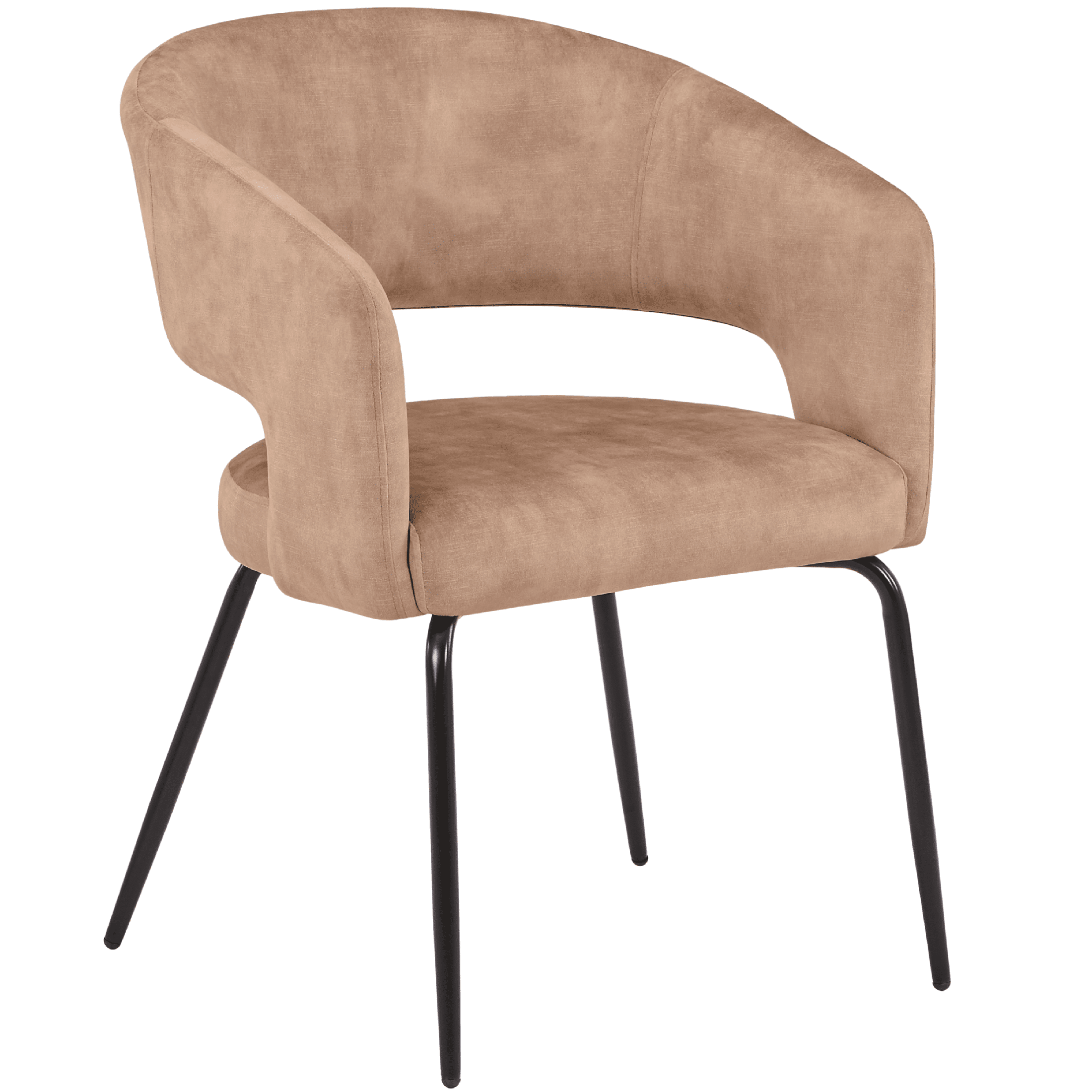Gavin Dining Chair Upholstered in Leather/Velvet with Open Curved Backrest in Black Iron Velvet Light Brown Dining Chair Leisuremod