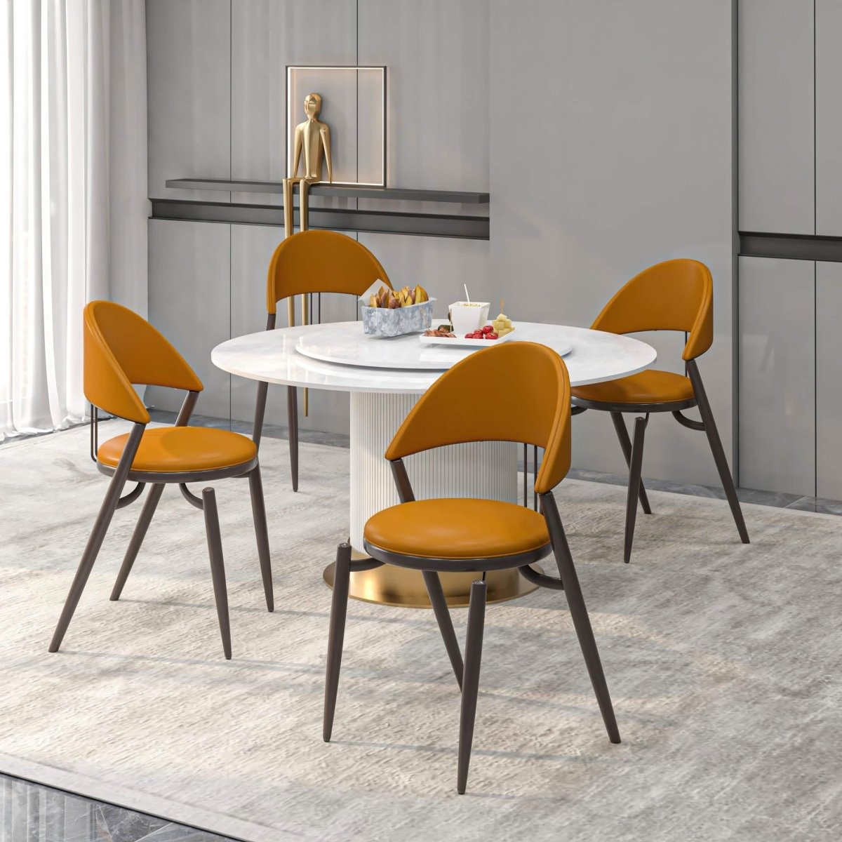 Venice Dining Chair Upholstered Leather in Iron With an Open Curved Back Design Light Brown Dining Chair Leisuremod