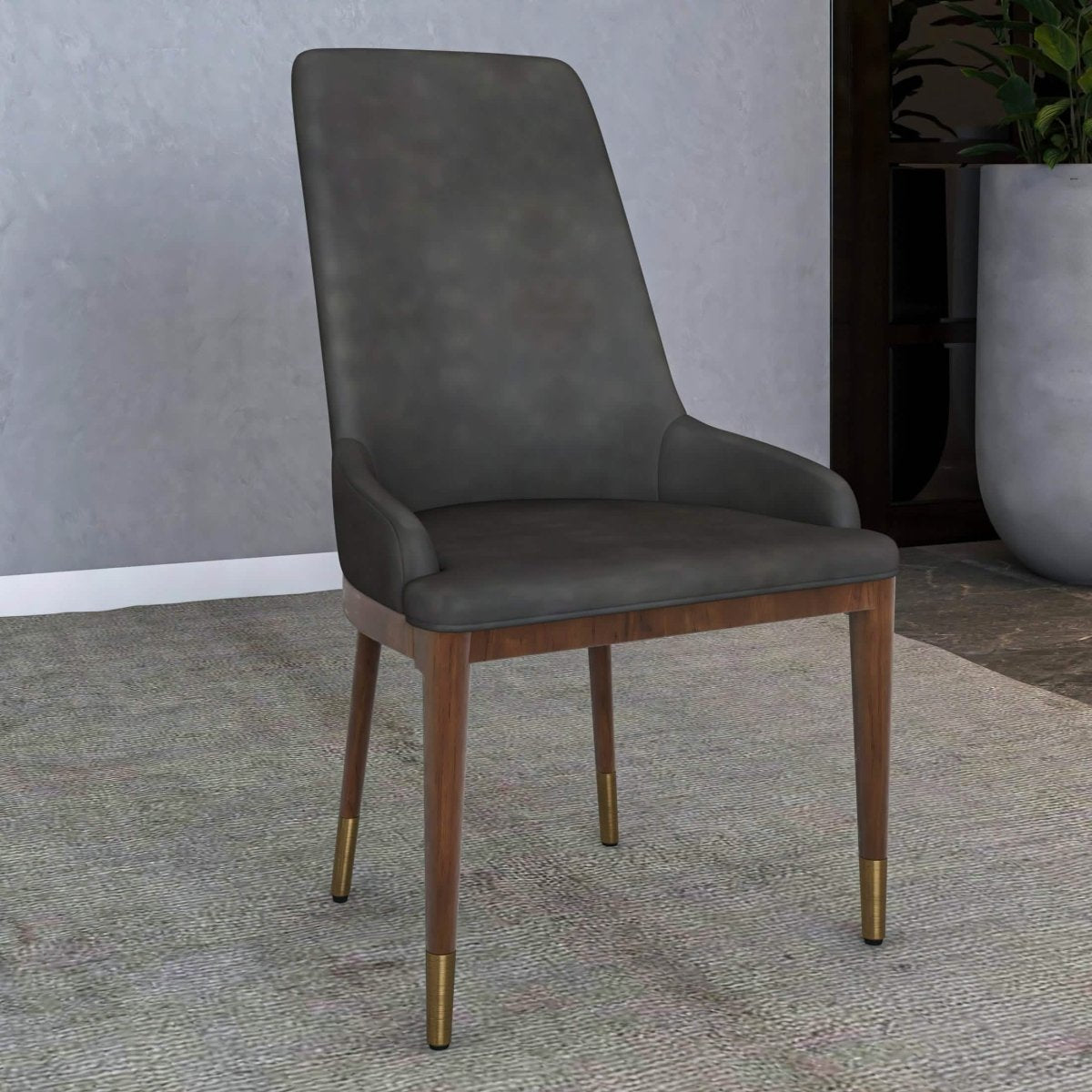 Viva Dining Side Chair Upholstered in Leather with Brown Rubberwood Legs Mocha Brown Dining Chair Leisuremod