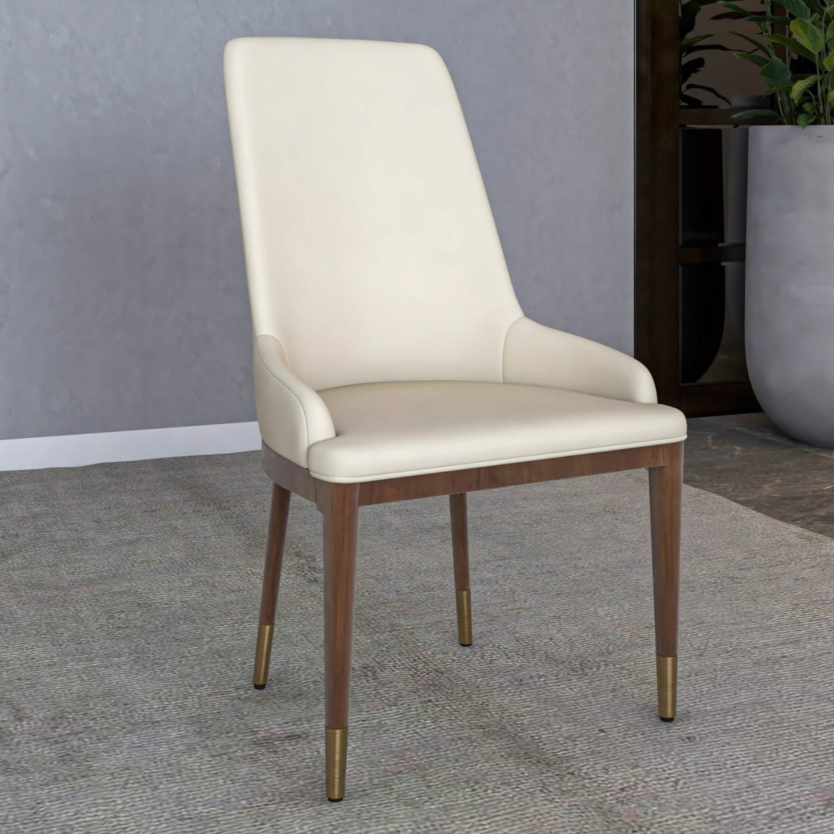 Viva Dining Side Chair Upholstered in Leather with Brown Rubberwood Legs Light Taupe Dining Chair Leisuremod