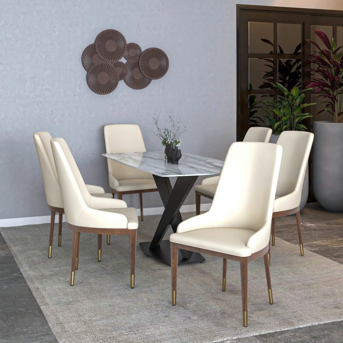 Viva Dining Side Chair Upholstered in Leather with Brown Rubberwood Legs Light Taupe Dining Chair Leisuremod
