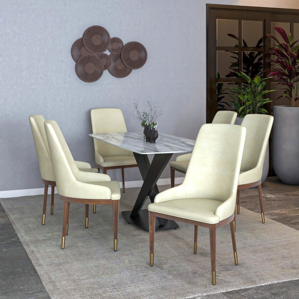 Viva Dining Side Chair Upholstered in Leather with Brown Rubberwood Legs Cream Dining Chair Leisuremod