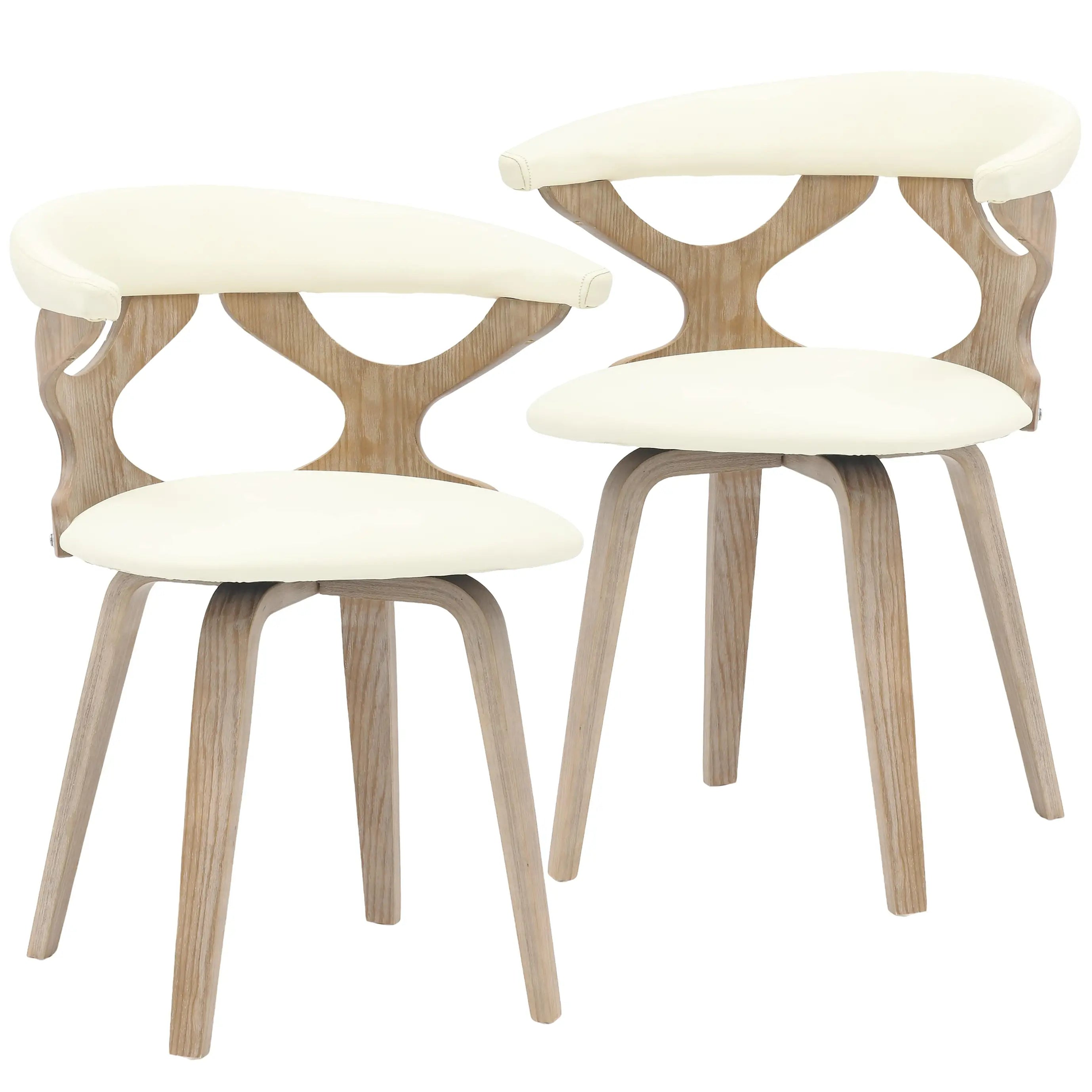 Leisuremod Dining Chair Washed Walnut/White Klyne Leather Dining Chair with Poplar Wood Frame and Swivel Base Set of 2