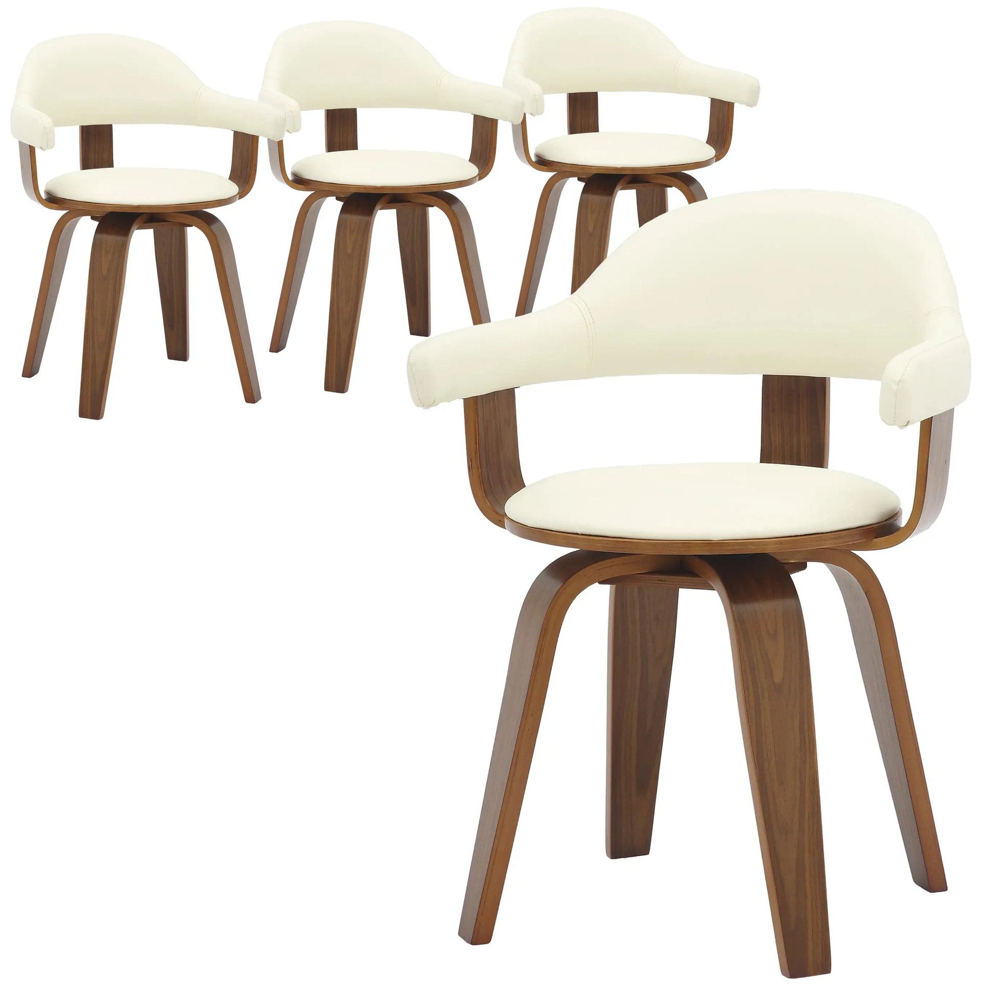 Leisuremod Dining Chair White Brivo Leather Dining Chair with Wooden Legs, Open-Back Swivel Armchair with Poplar Wood Base Set of 4