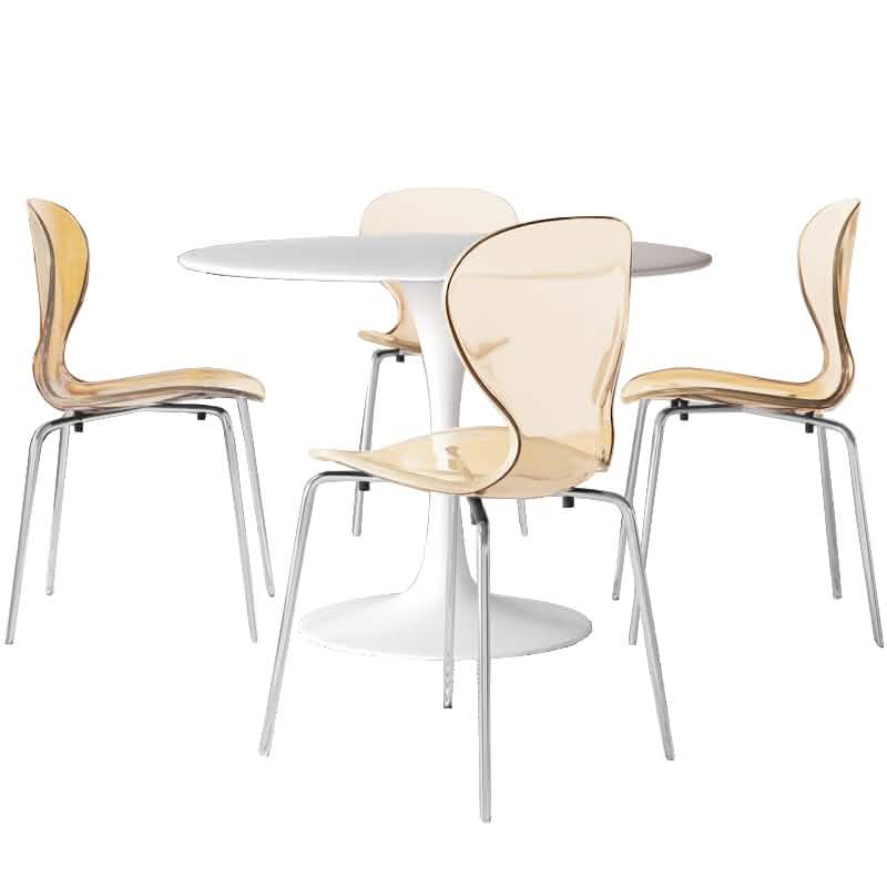LeisureMod Bristol 5-Piece Dining Set Round White MDF Dining Table and 4 Acrylic Dining Chairs with Chrome Legs Amber Dining Set Leisuremod