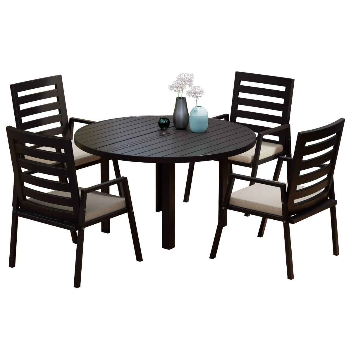 Chelsea 5-Piece Patio Dining Set with 48" Round Aluminum Dining Table and 4 Dining Armchair Beige Dining Set Leisuremod