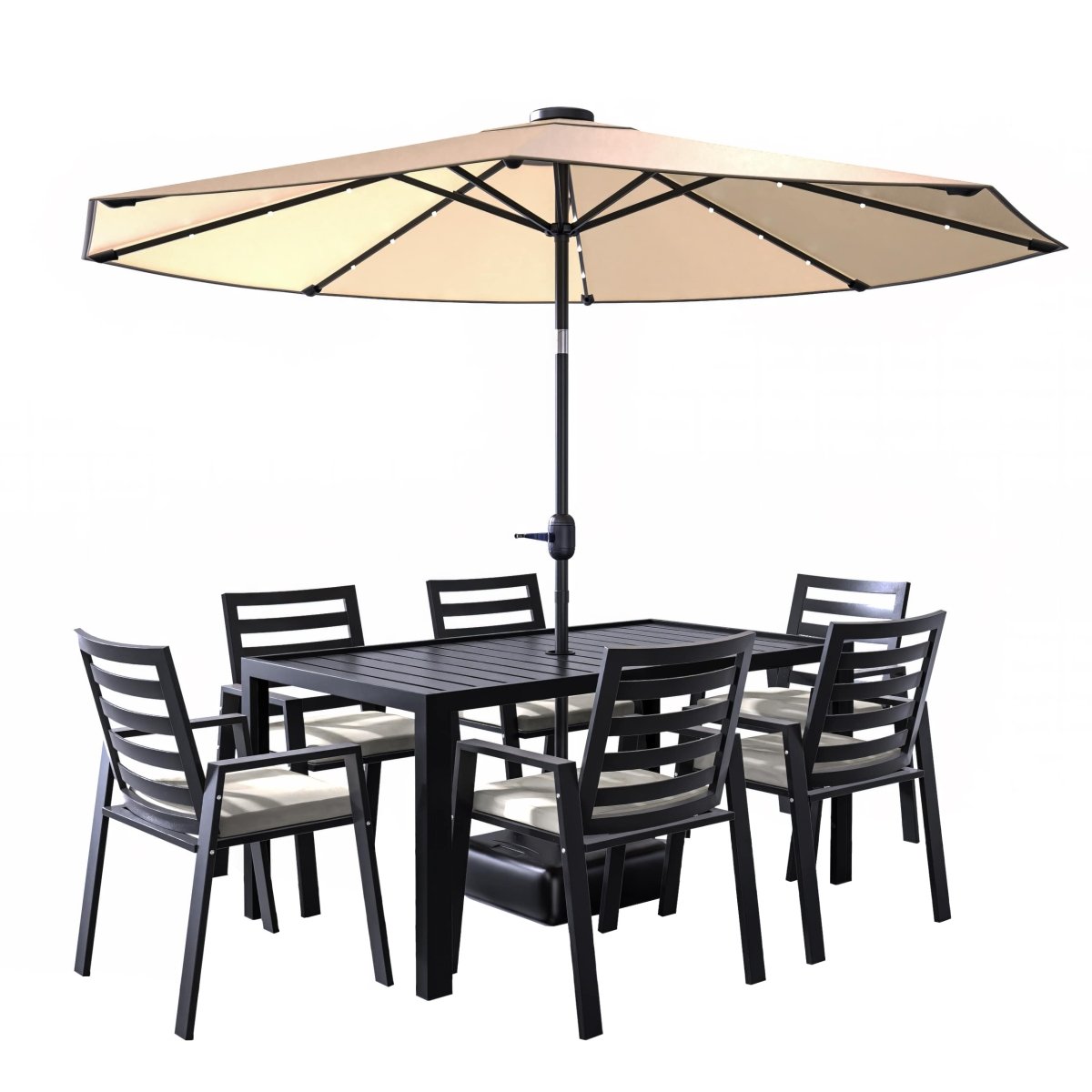 Chelsea 7-Piece Modern Outdoor Dining Set in Black Aluminum with Removable Cushions Beige Dining Set Leisuremod