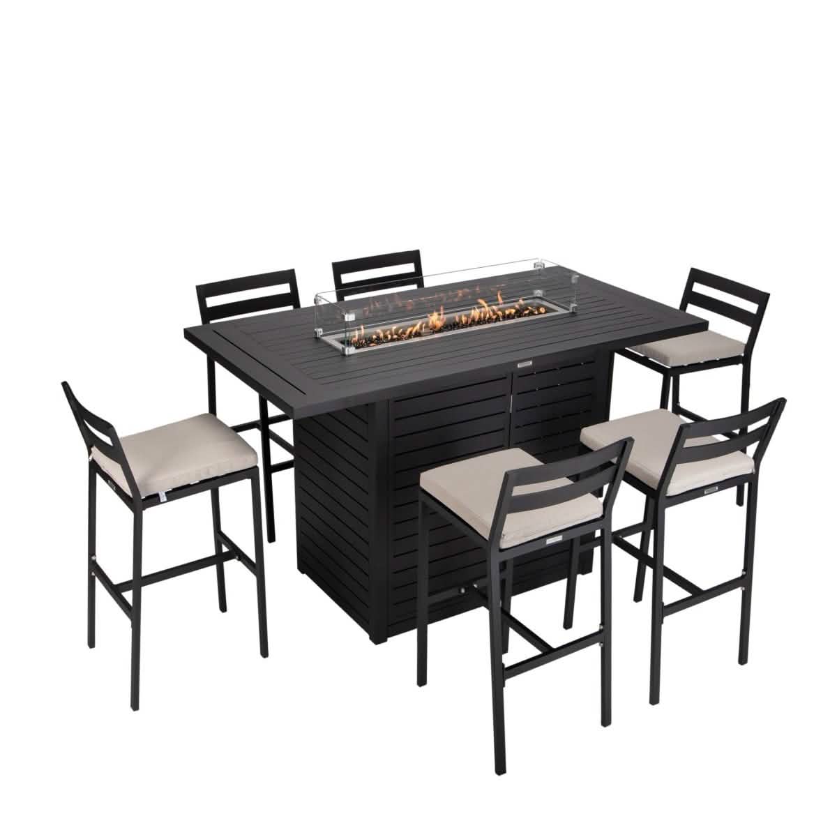 Chelsea 7-Piece Patio Bar Set: Aluminum Fire Pit Table with Tank Holder & 6 Barstools with Cushions Beige Dining Set Leisuremod