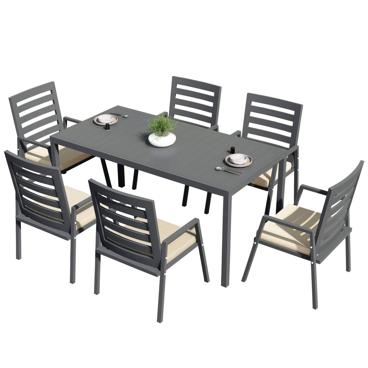 Chelsea 7-Piece Patio Dining Set 78-118" Wide Rectangular Extendable Aluminum Dining Table and 6 Dining Armchair Beige Dining Set Leisuremod