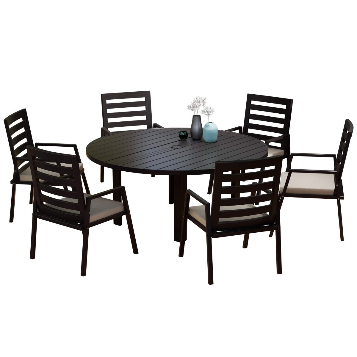 Chelsea 7-Piece Patio Dining Set with 60" Round Aluminum Dining Table and 6 Dining Armchair Beige Dining Set Leisuremod