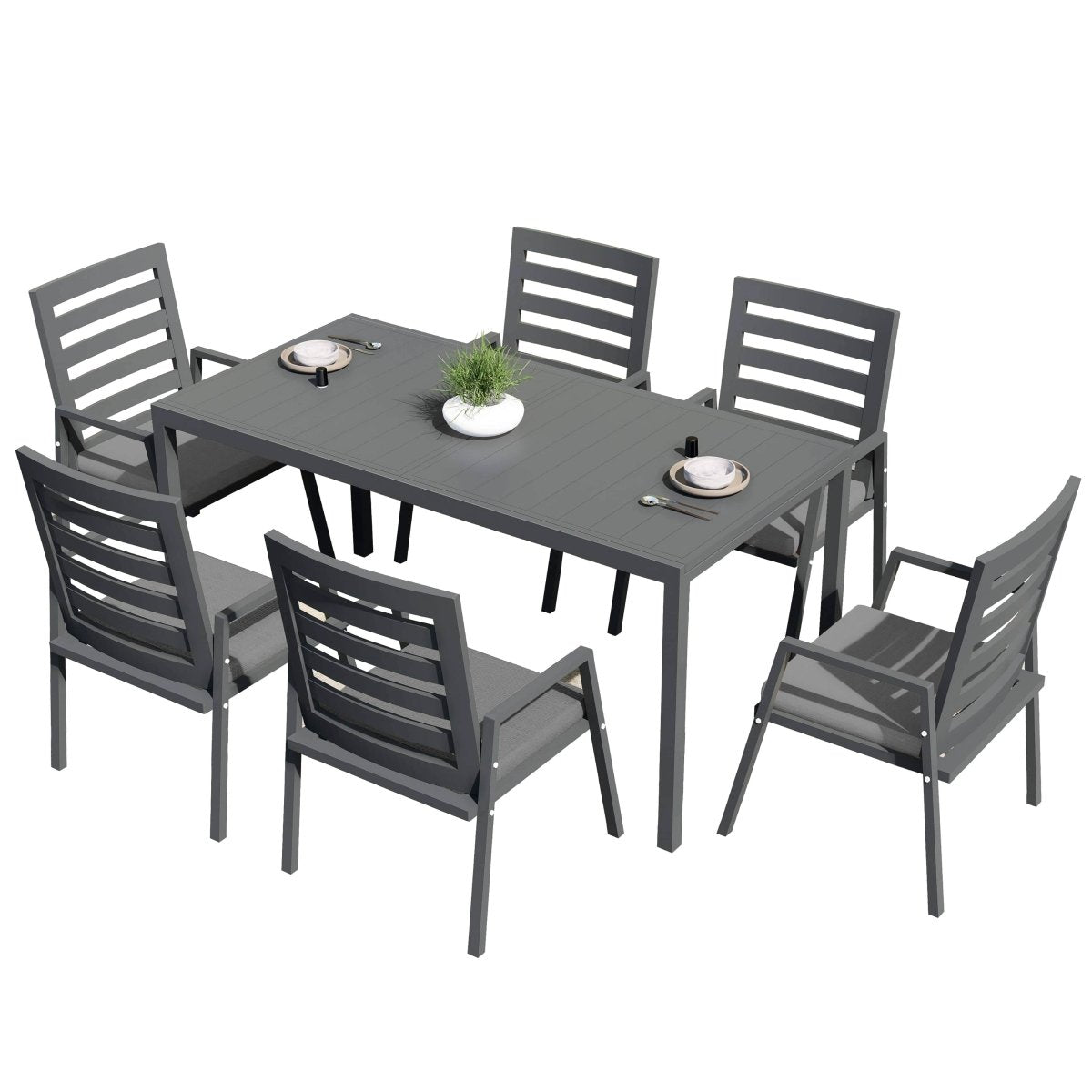 Chelsea 7-Piece Patio Dining Set 78-118" Wide Rectangular Extendable Aluminum Dining Table and 6 Dining Armchair Black Dining Set Leisuremod