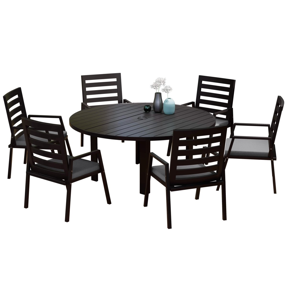 Chelsea 7-Piece Patio Dining Set with 60" Round Aluminum Dining Table and 6 Dining Armchair Black Dining Set Leisuremod
