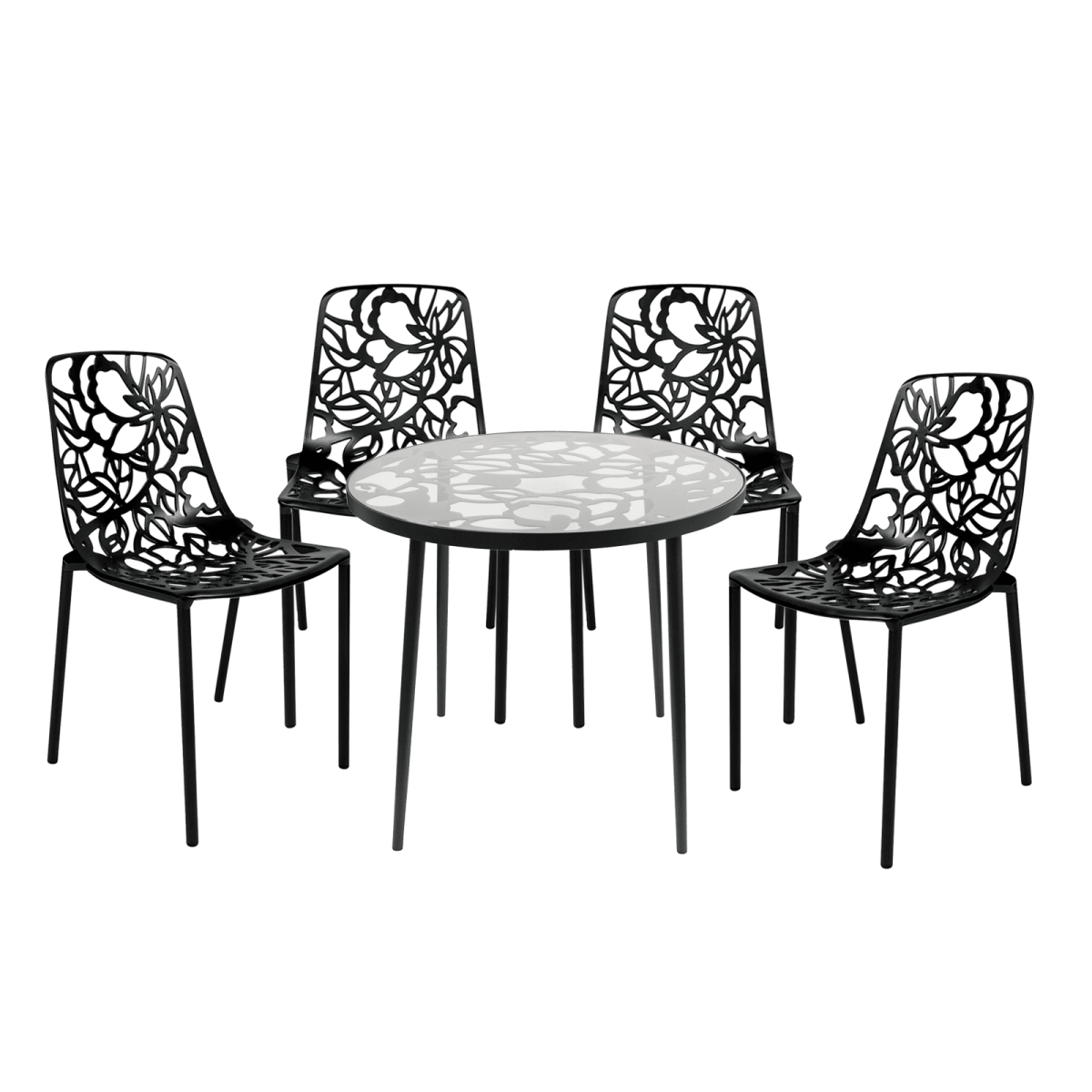 Devon 5-Piece Patio Dining Set: Aluminum Table with Glass Top & 4 Stackable Flower Chairs Black Dining Set Leisuremod
