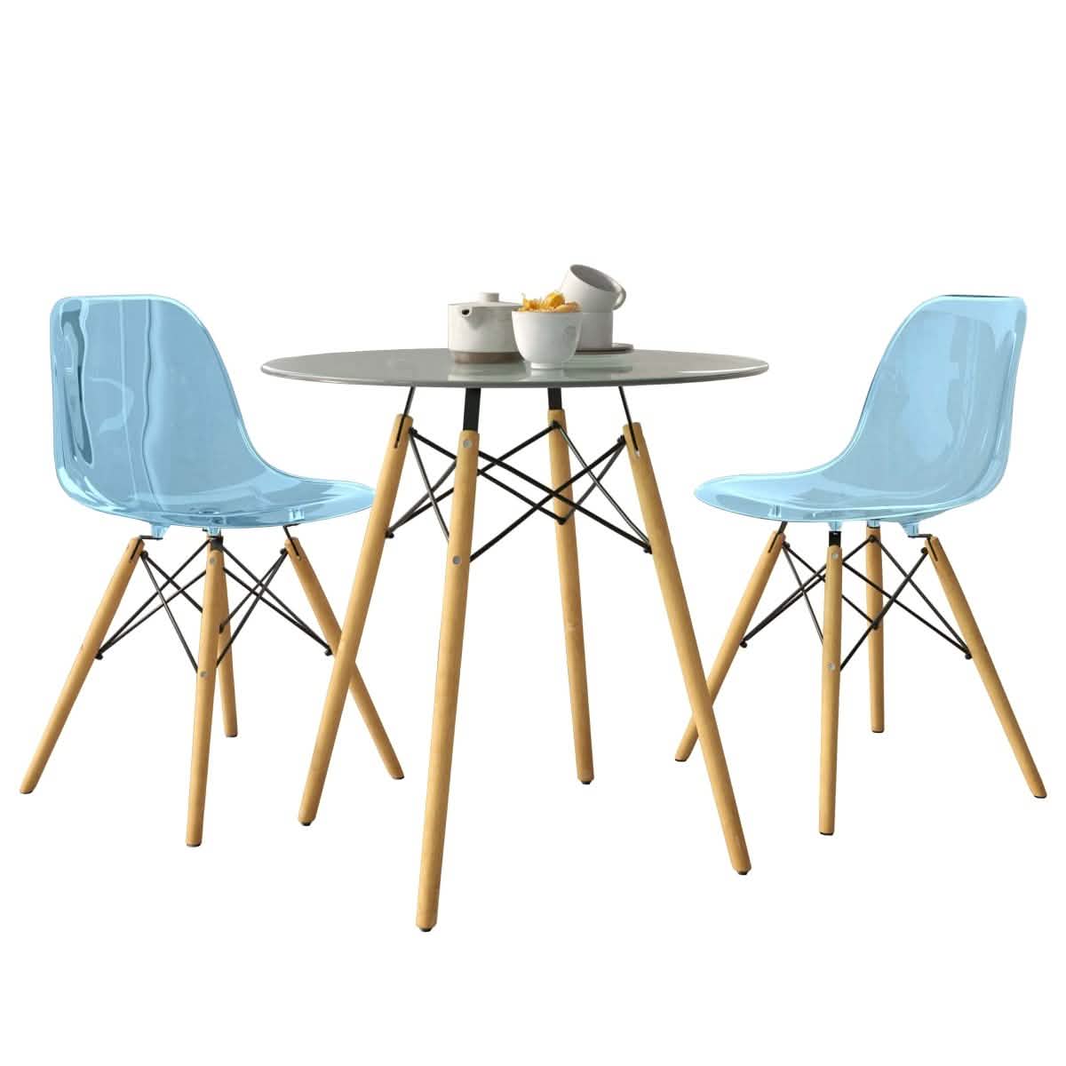 Dover 3-Piece Dining Set with Round Clear Glass Top Bistro Table and 2 Plastic Chairs Blue Dining Set Leisuremod