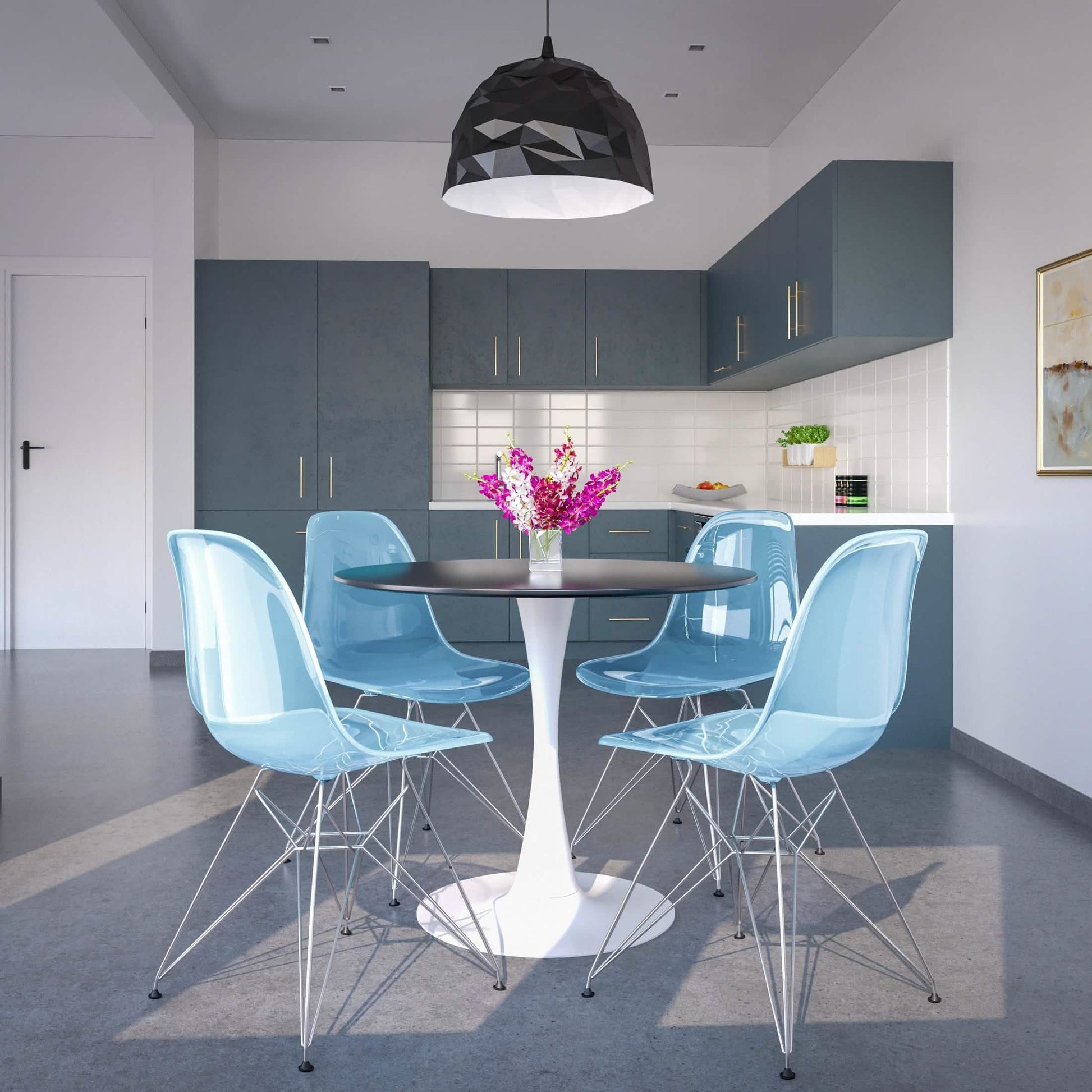 Bristol 5-Piece Dining Set 35" MDF Round Table with 4 ABS Plastic Side Chair in Chrome Transparent Black Dining Set Leisuremod