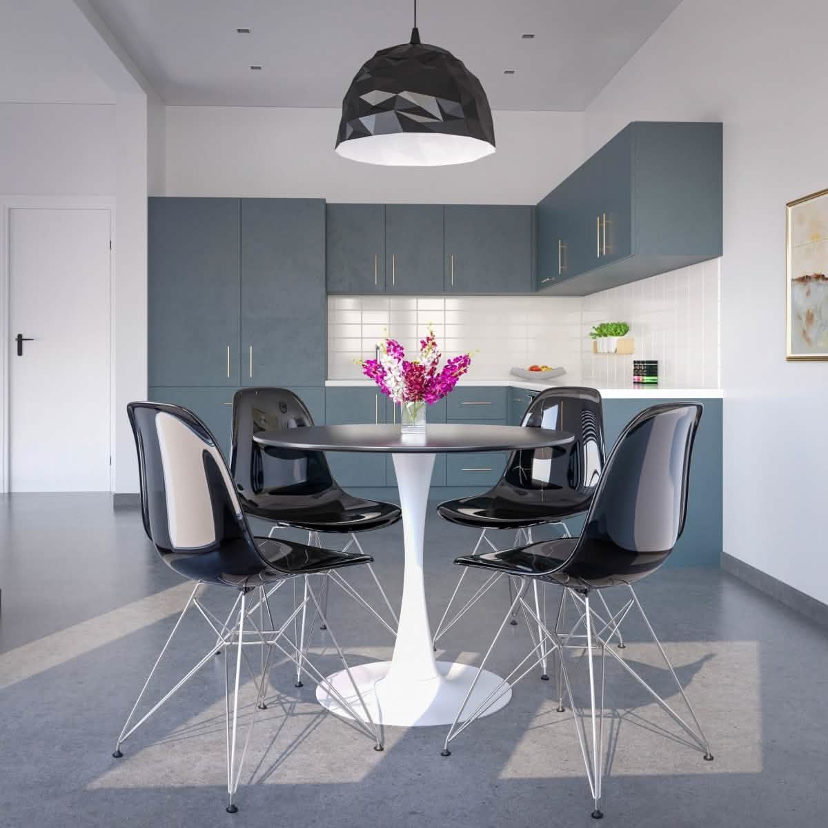 Bristol 5-Piece Dining Set 35" MDF Round Table with 4 ABS Plastic Side Chair in Chrome Transparent Black Dining Set Leisuremod