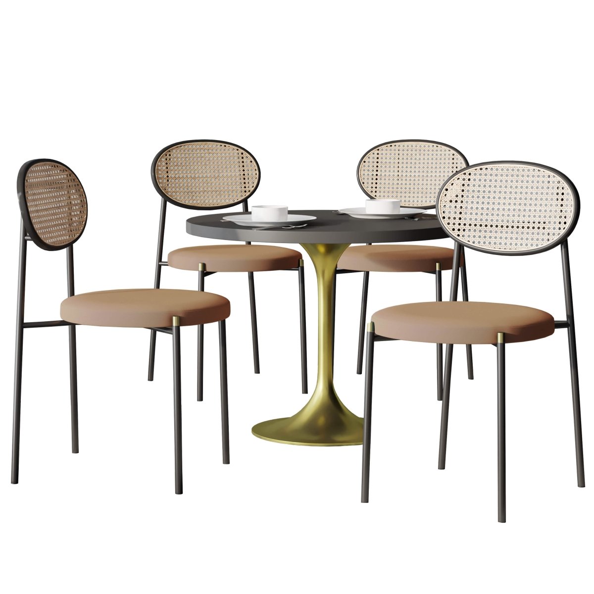 Verve 5-Piece Dining Set with 36" Round Dining Table Black MDF Top and Gold Base with 4 Velvet Dining Chairs in Black Steel Legs Brown Dining Set Leisuremod