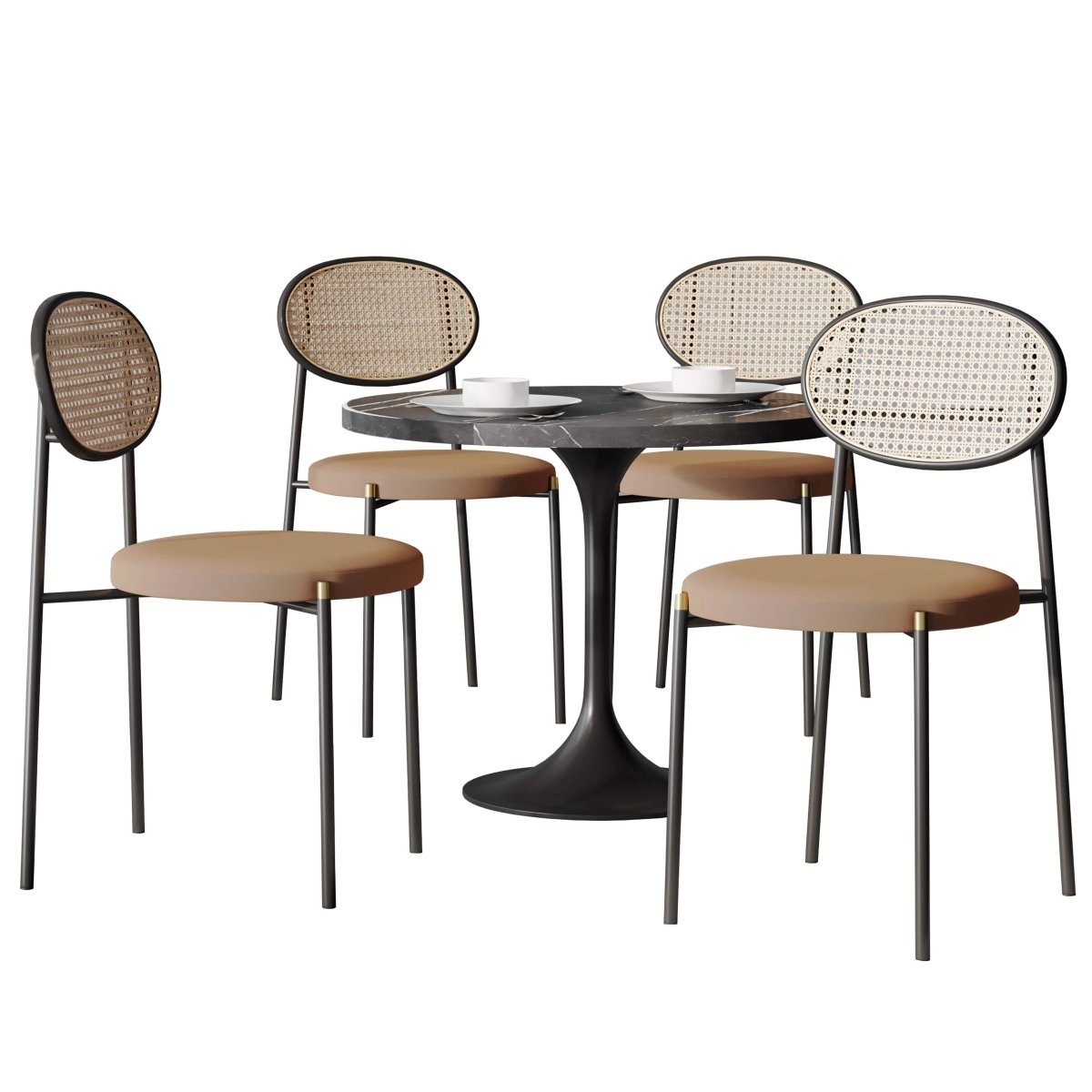 Verve 5-Piece Dining Set with 36" Round Dining Table Black Sintered Stone Top and Black Pedestal with 4 Velvet Dining Chairs Brown Dining Set Leisuremod