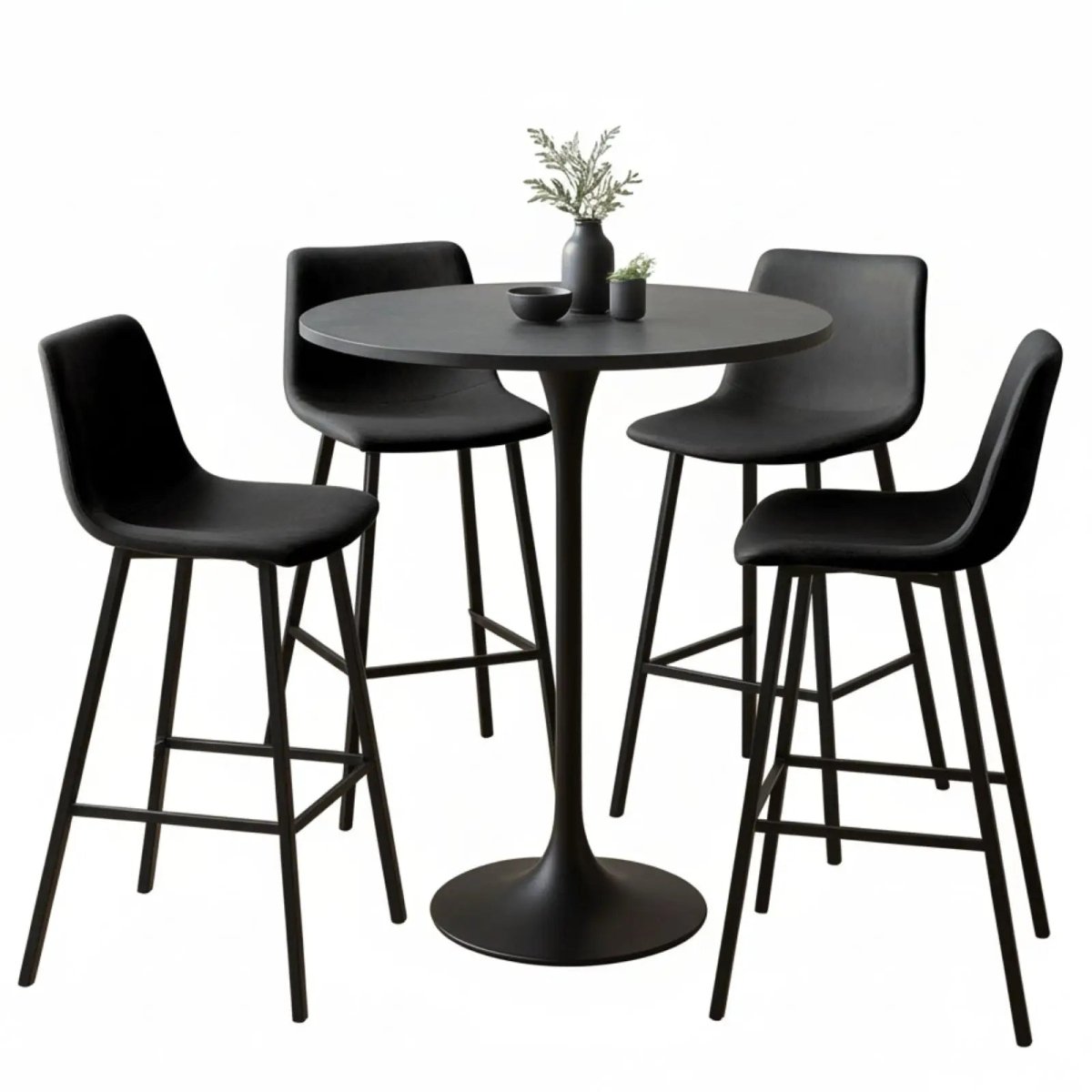 LeisureMod Dining Set Charcoal Black Elland 5-Piece Bar-Height Dining Set with Round MDF Bar Table and Leather Bar Stools