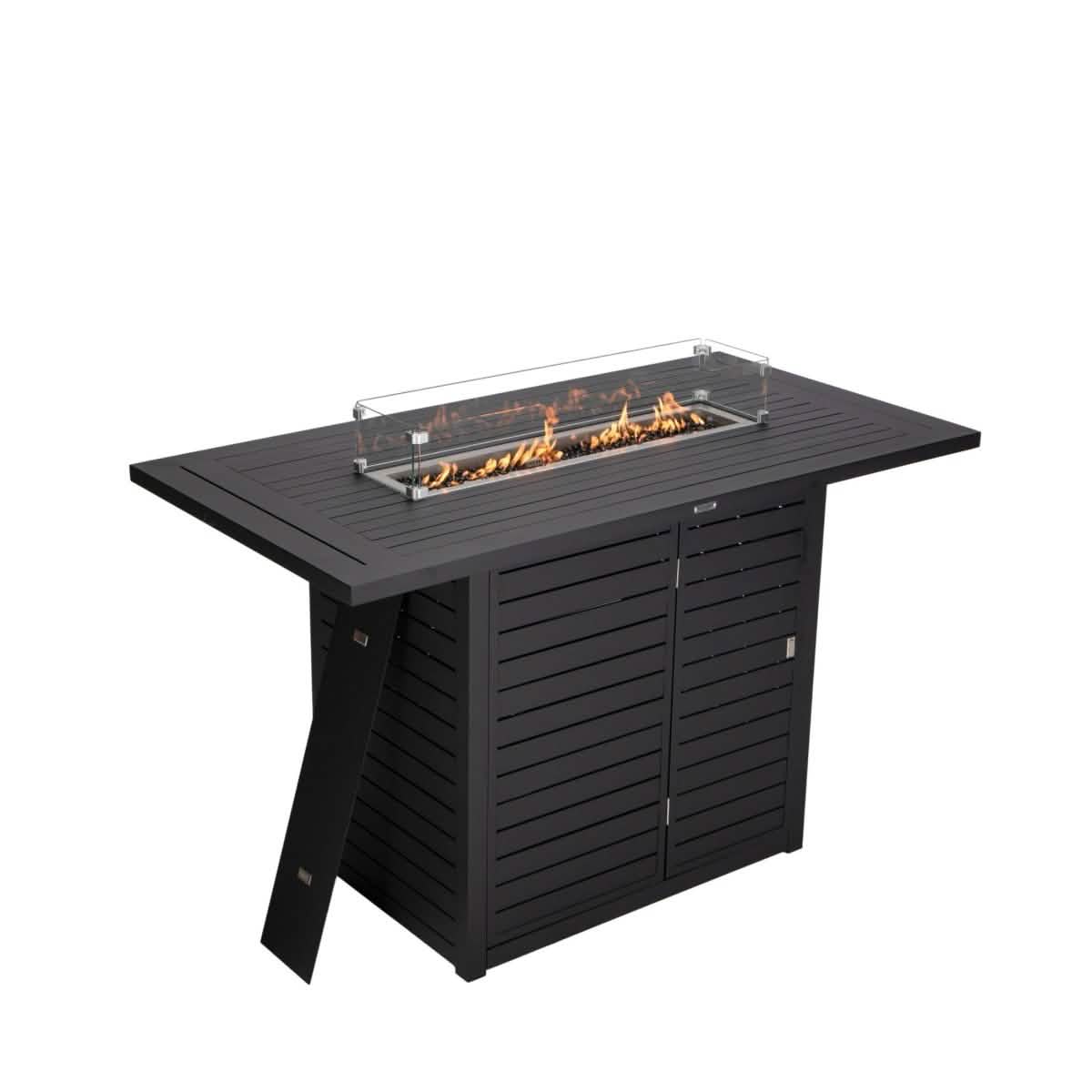 Chelsea 7-Piece Patio Bar Set: Aluminum Fire Pit Table with Tank Holder & 6 Barstools with Cushions Beige Dining Set Leisuremod