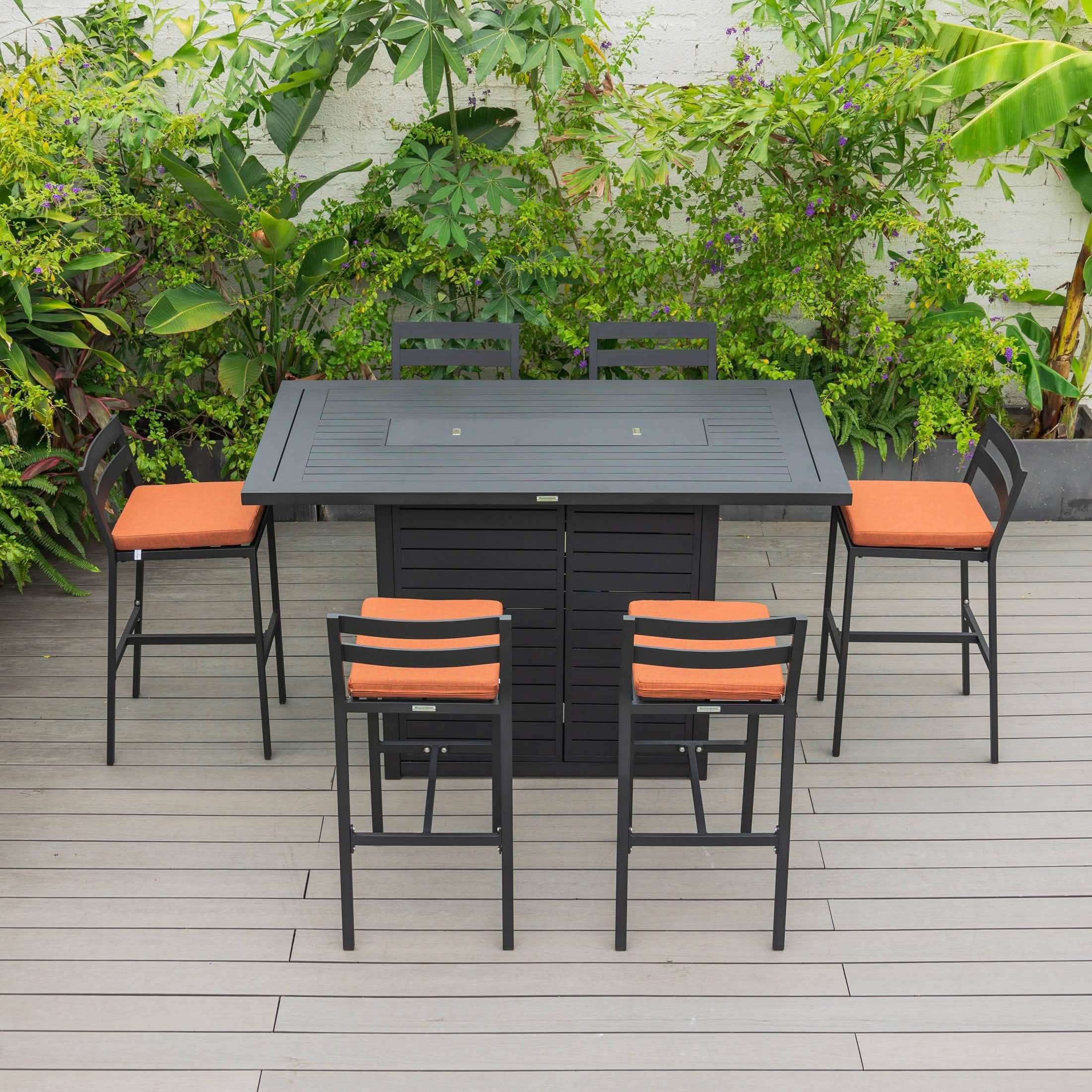 Chelsea 7-Piece Patio Bar Set: Aluminum Fire Pit Table with Tank Holder & 6 Barstools with Cushions Orange Dining Set Leisuremod