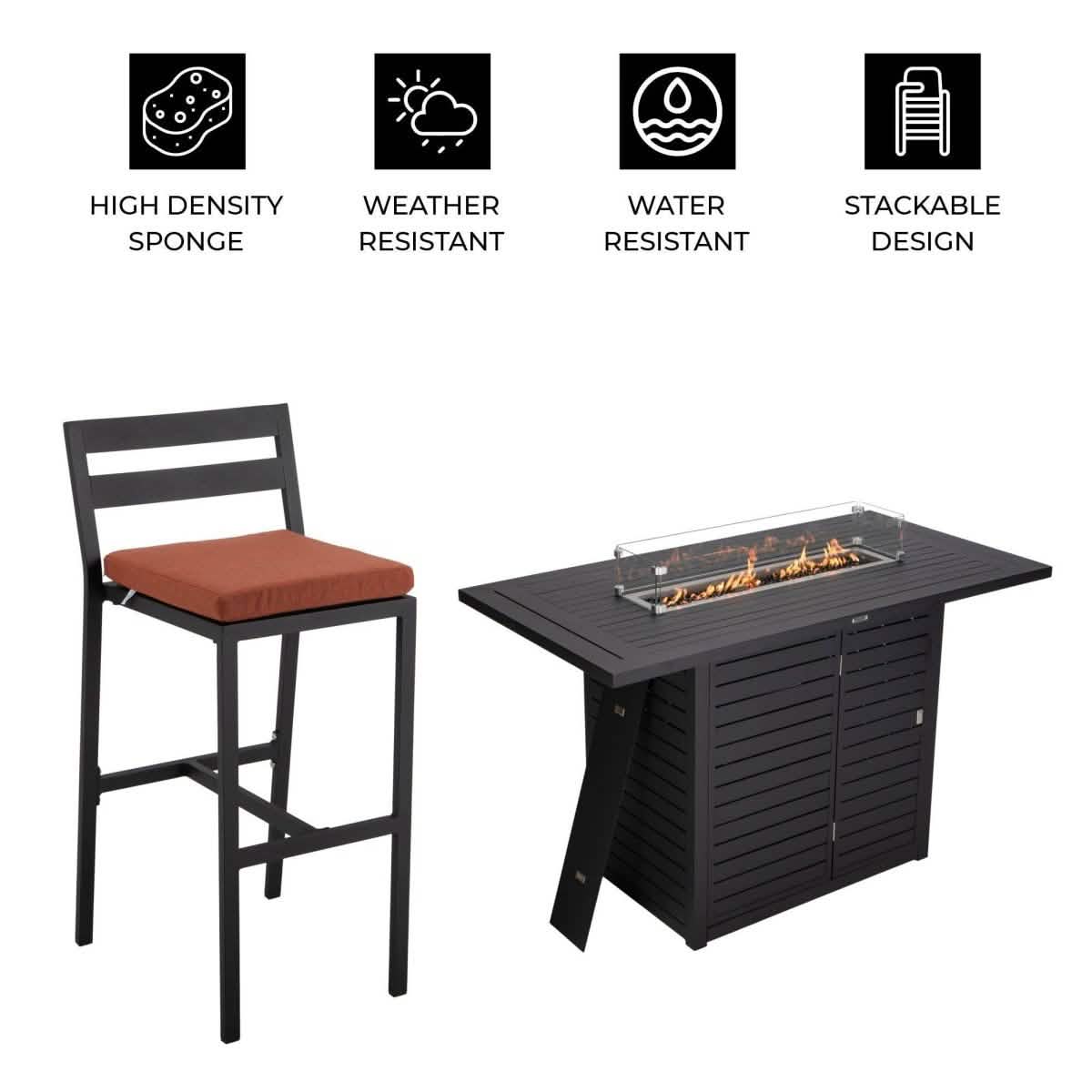 Chelsea 7-Piece Patio Bar Set: Aluminum Fire Pit Table with Tank Holder & 6 Barstools with Cushions Orange Dining Set Leisuremod