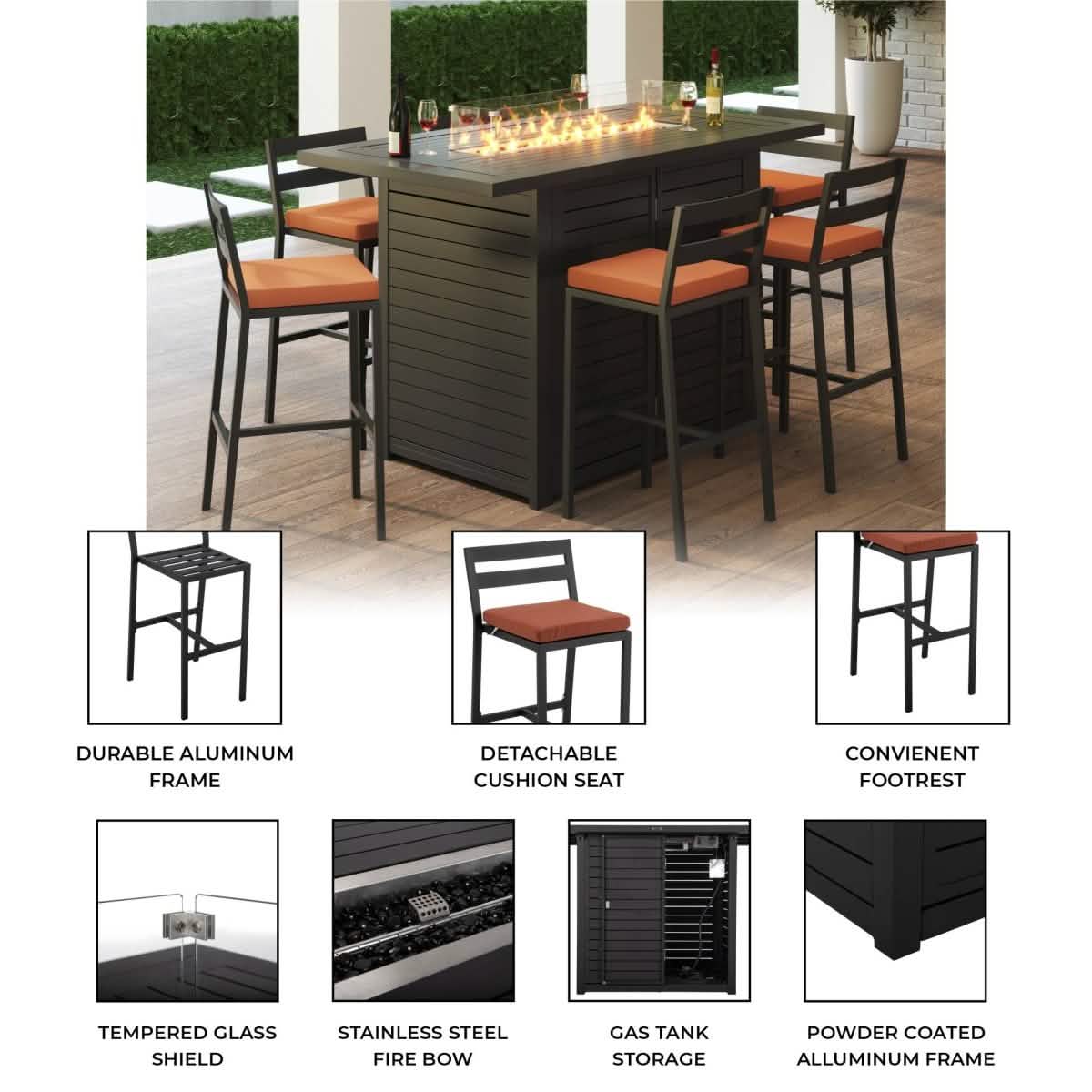 Chelsea 7-Piece Patio Bar Set: Aluminum Fire Pit Table with Tank Holder & 6 Barstools with Cushions Orange Dining Set Leisuremod