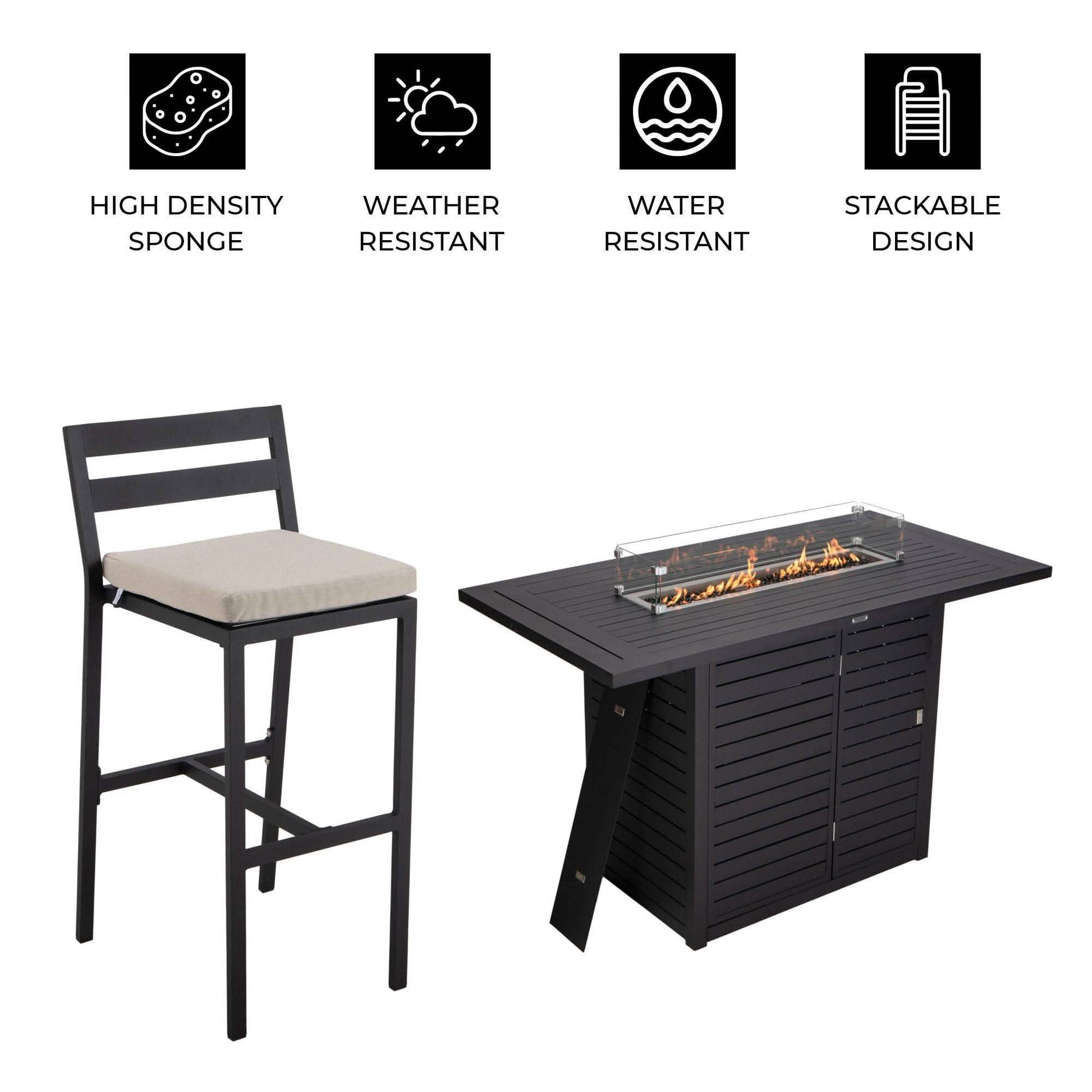 Chelsea 7-Piece Patio Bar Set: Aluminum Fire Pit Table with Tank Holder & 6 Barstools with Cushions Beige Dining Set Leisuremod