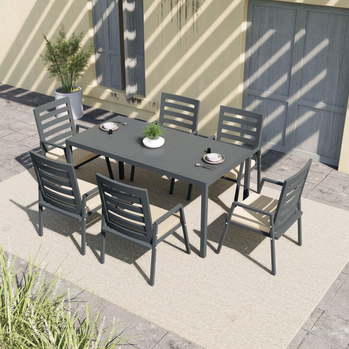 Chelsea 7-Piece Patio Dining Set 78-118" Wide Rectangular Extendable Aluminum Dining Table and 6 Dining Armchair Beige Dining Set Leisuremod